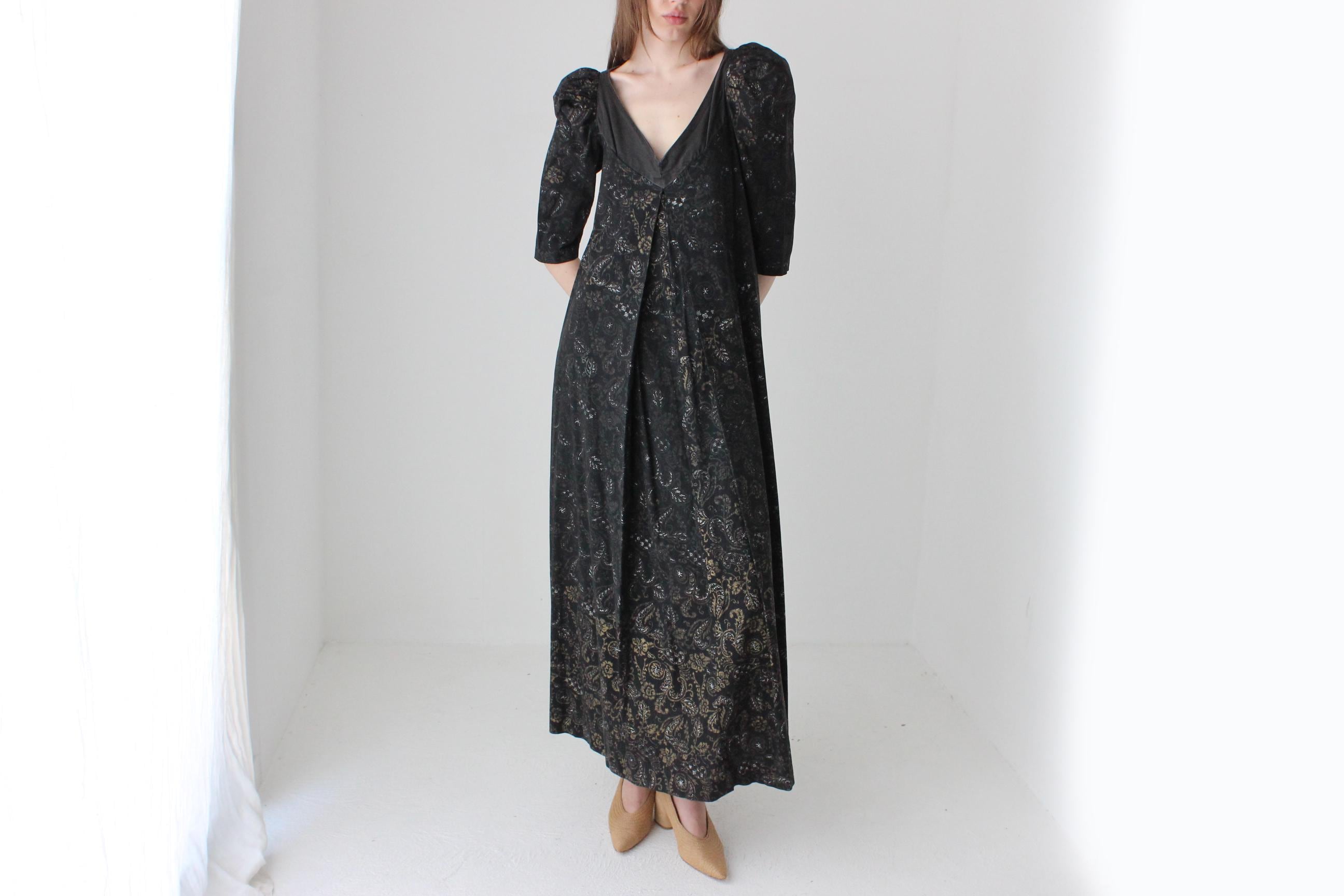 Antique 40s Hand Painted Cotton Puff Sleeve Trapeze Dress