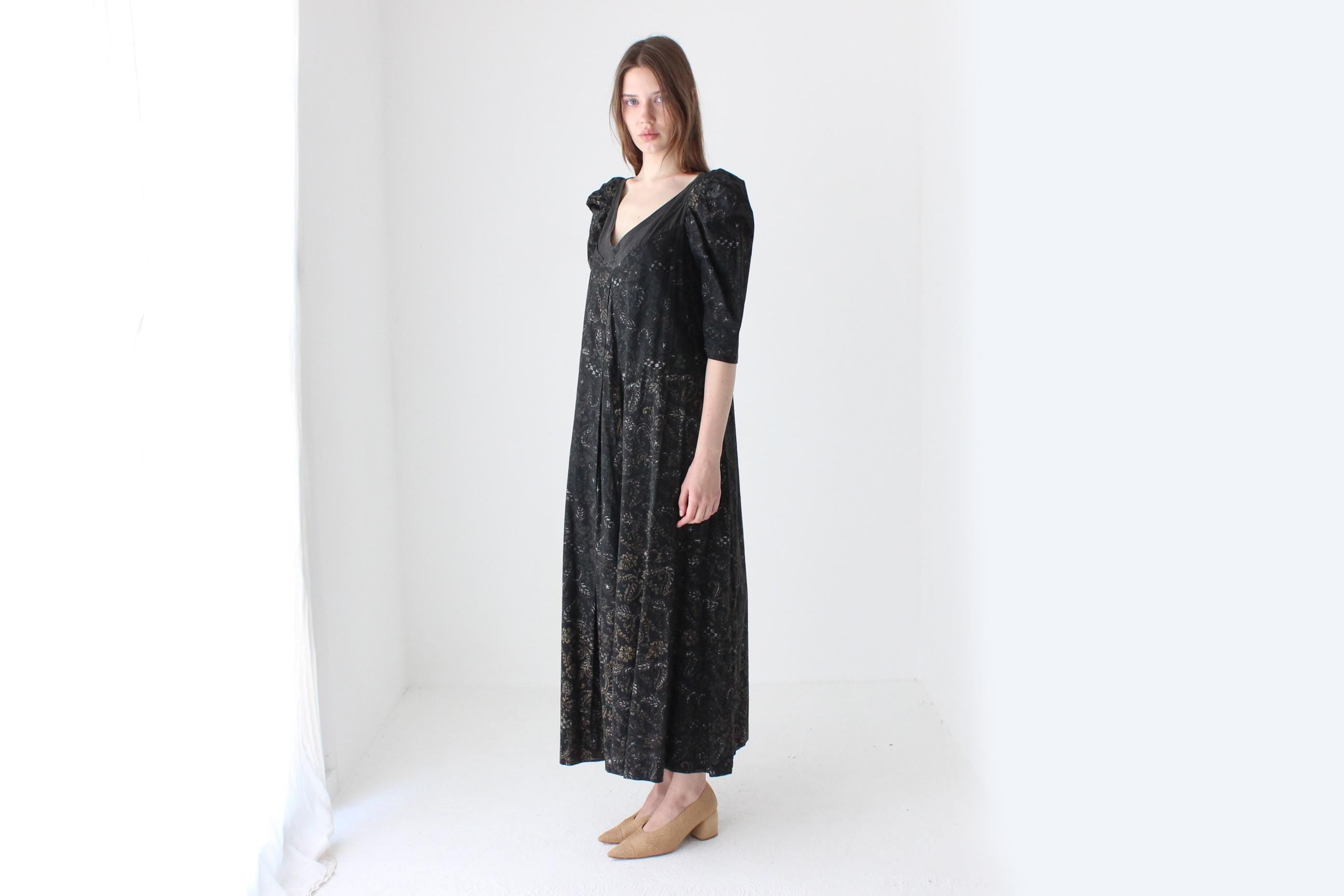 Antique 40s Hand Painted Cotton Puff Sleeve Trapeze Dress