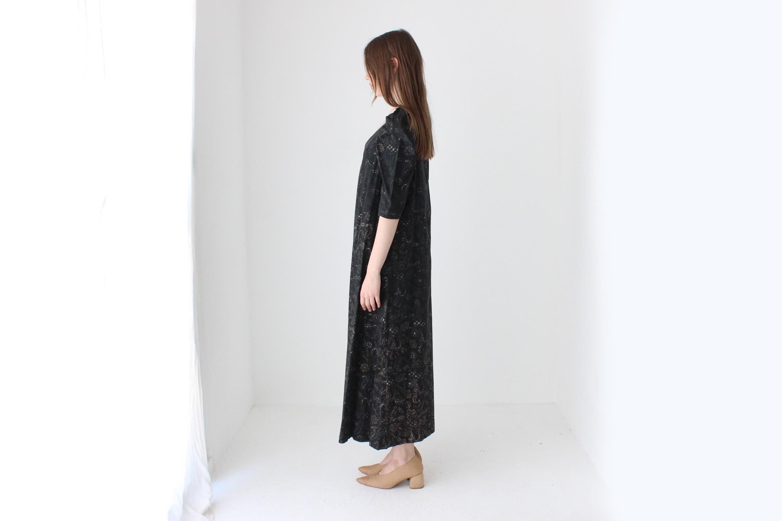 Antique 40s Hand Painted Cotton Puff Sleeve Trapeze Dress