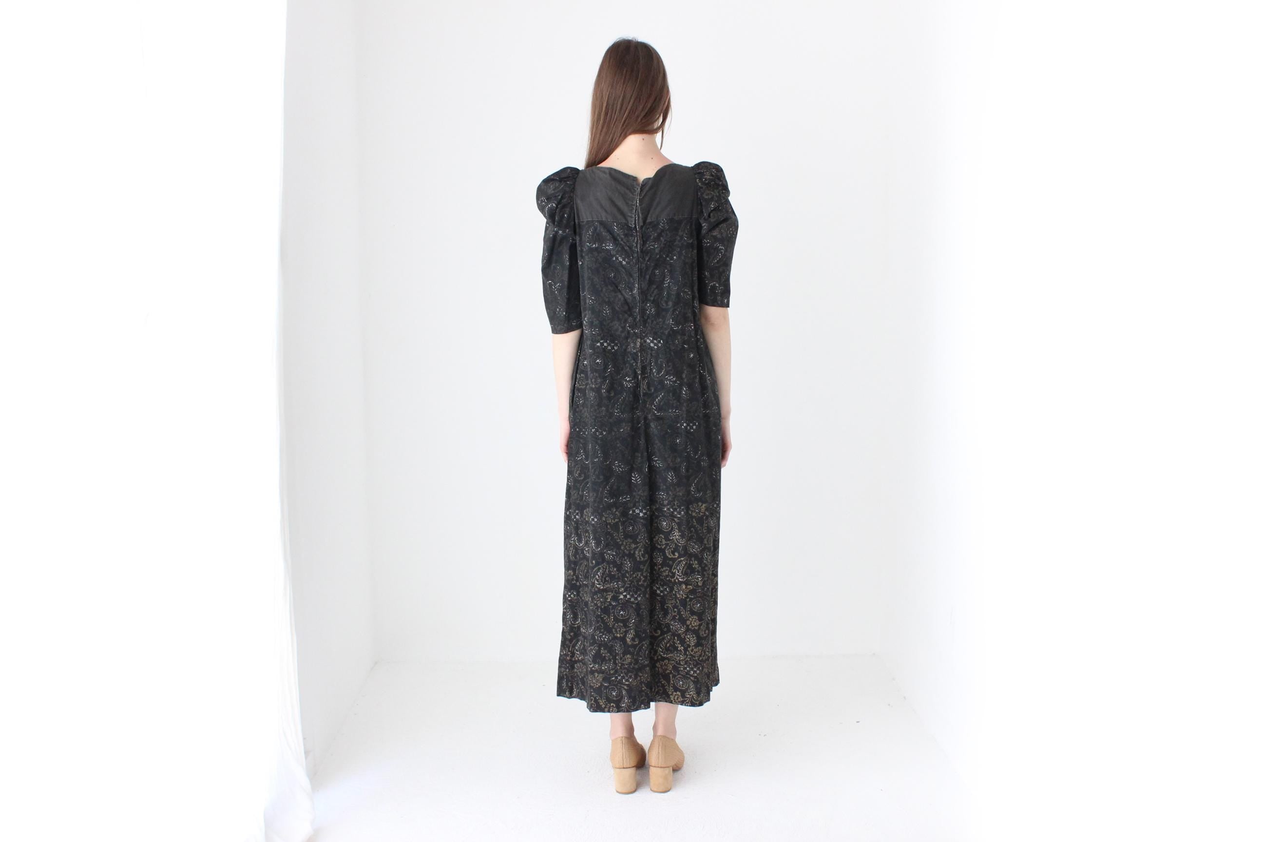 Antique 40s Hand Painted Cotton Puff Sleeve Trapeze Dress