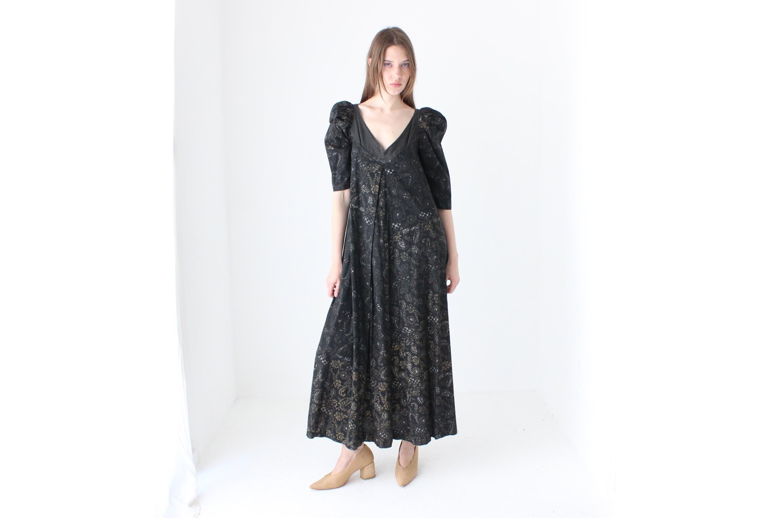 Antique 40s Hand Painted Cotton Puff Sleeve Trapeze Dress