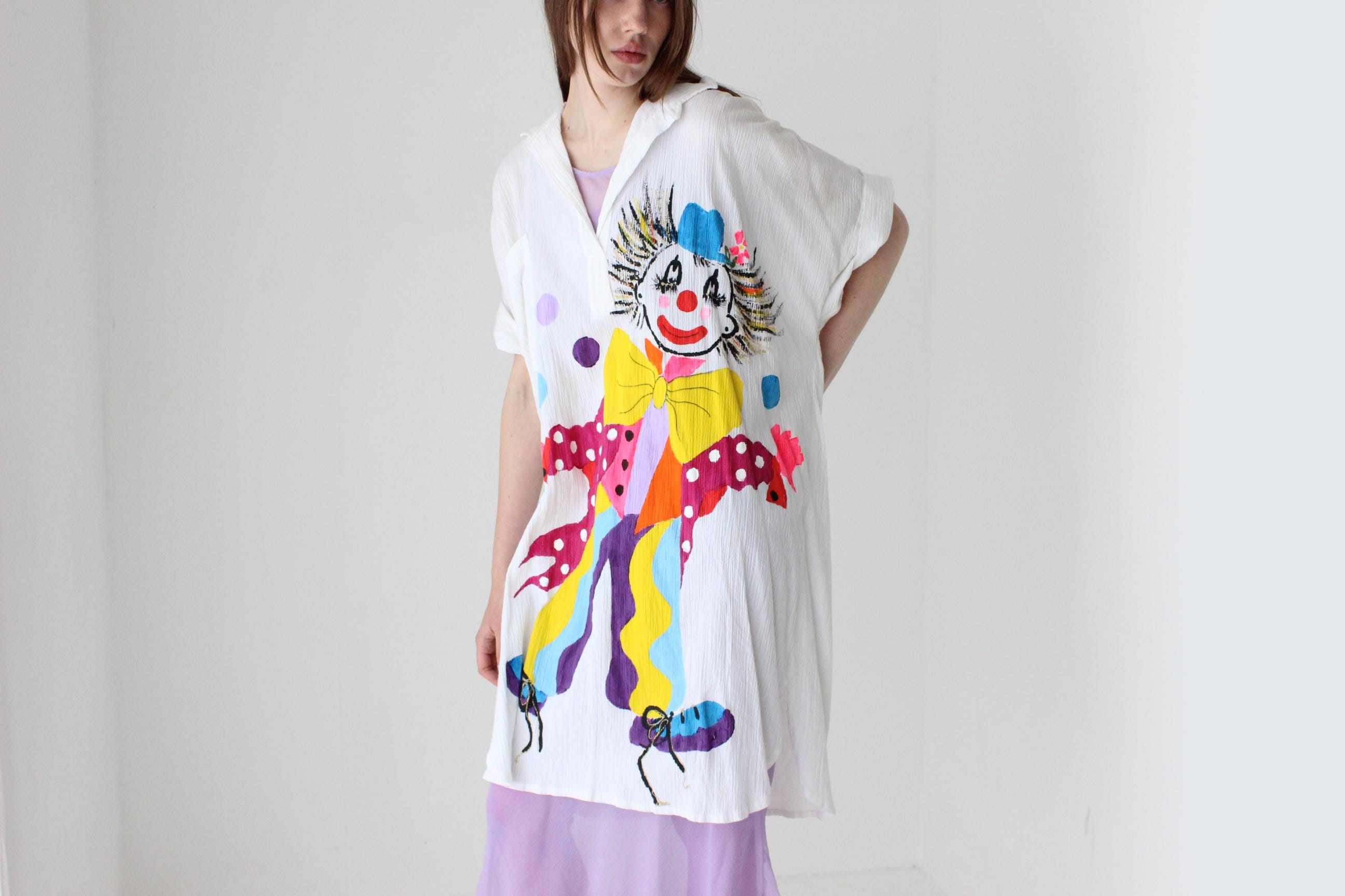 Kooky 80s Novelty Hand Painted Clown Shirt Dress