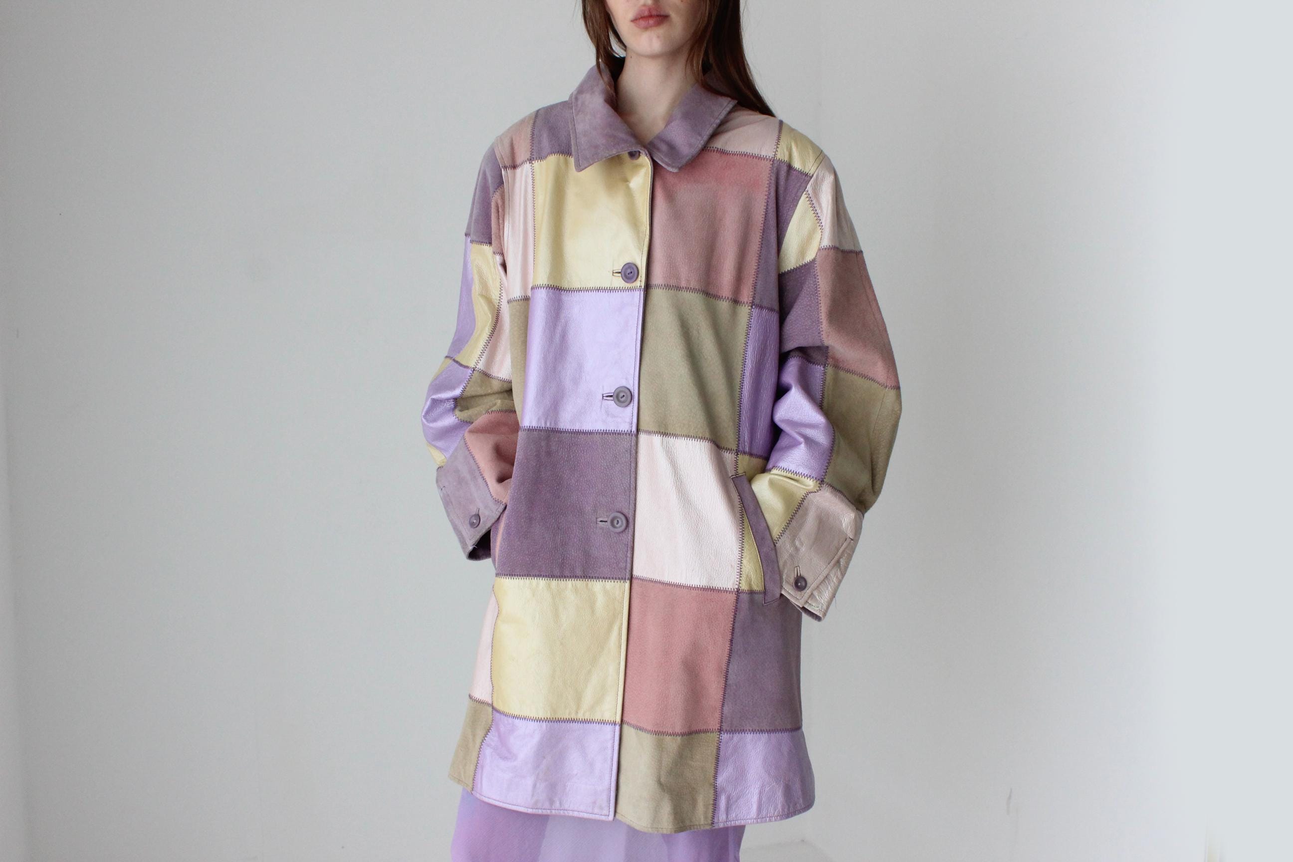 90s Pastel Patchwork Leather Metallic Sorbet XL Jacket