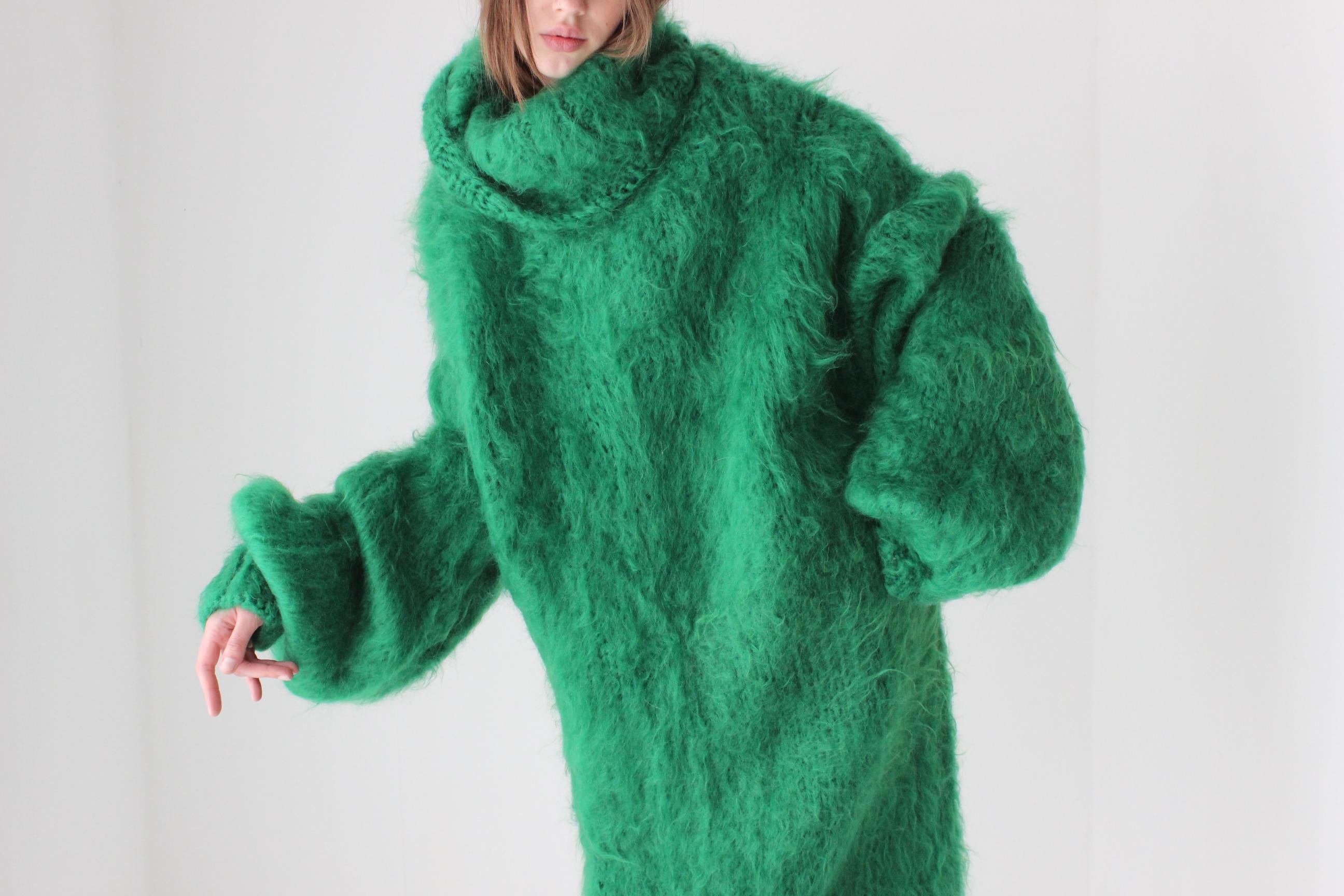 Vibrant Green Hand Knit Mohair Oversized Sweater Dress
