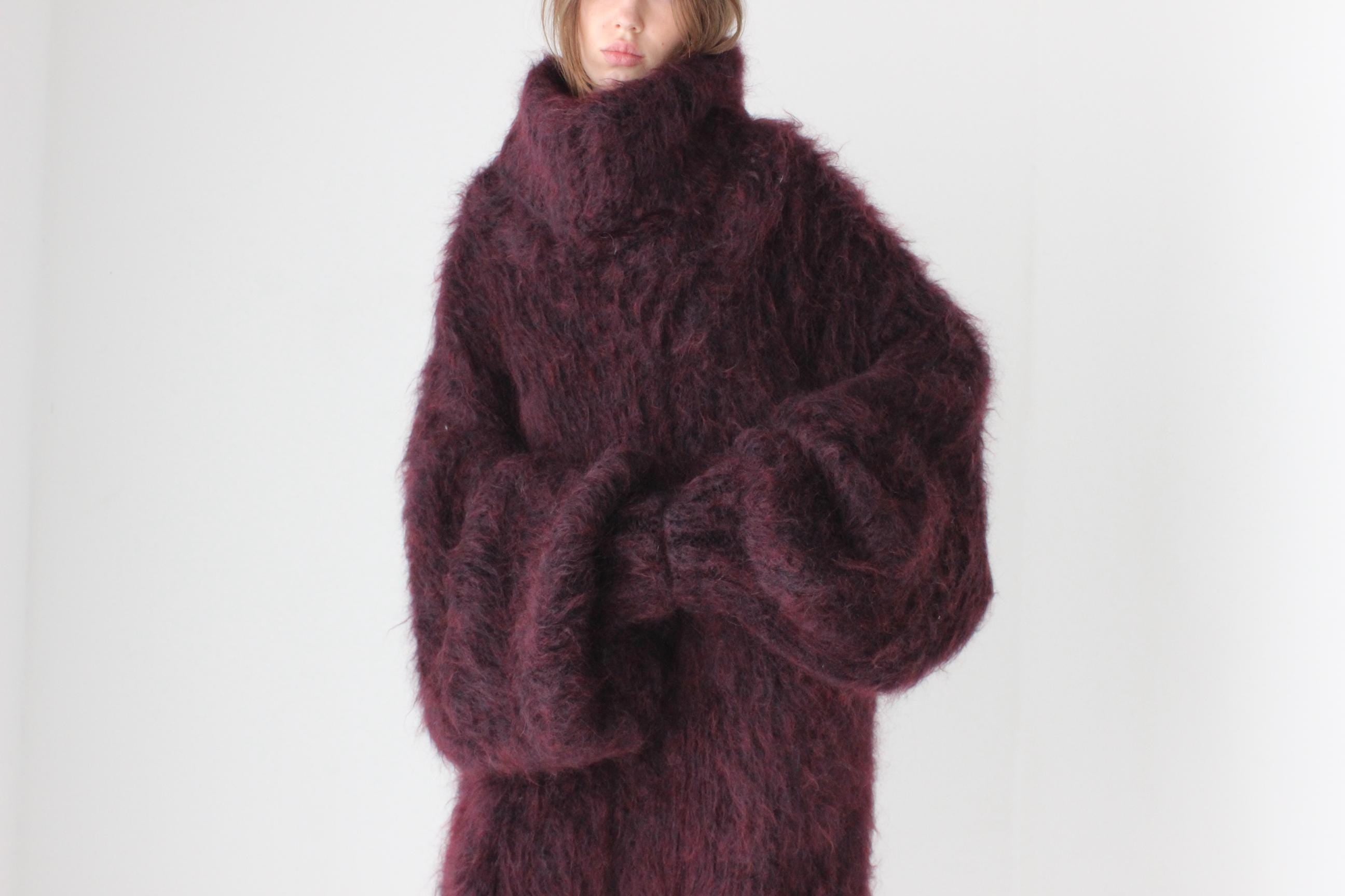 Outrageous Hand Knit Mohair Sweater Dress in Aubergine