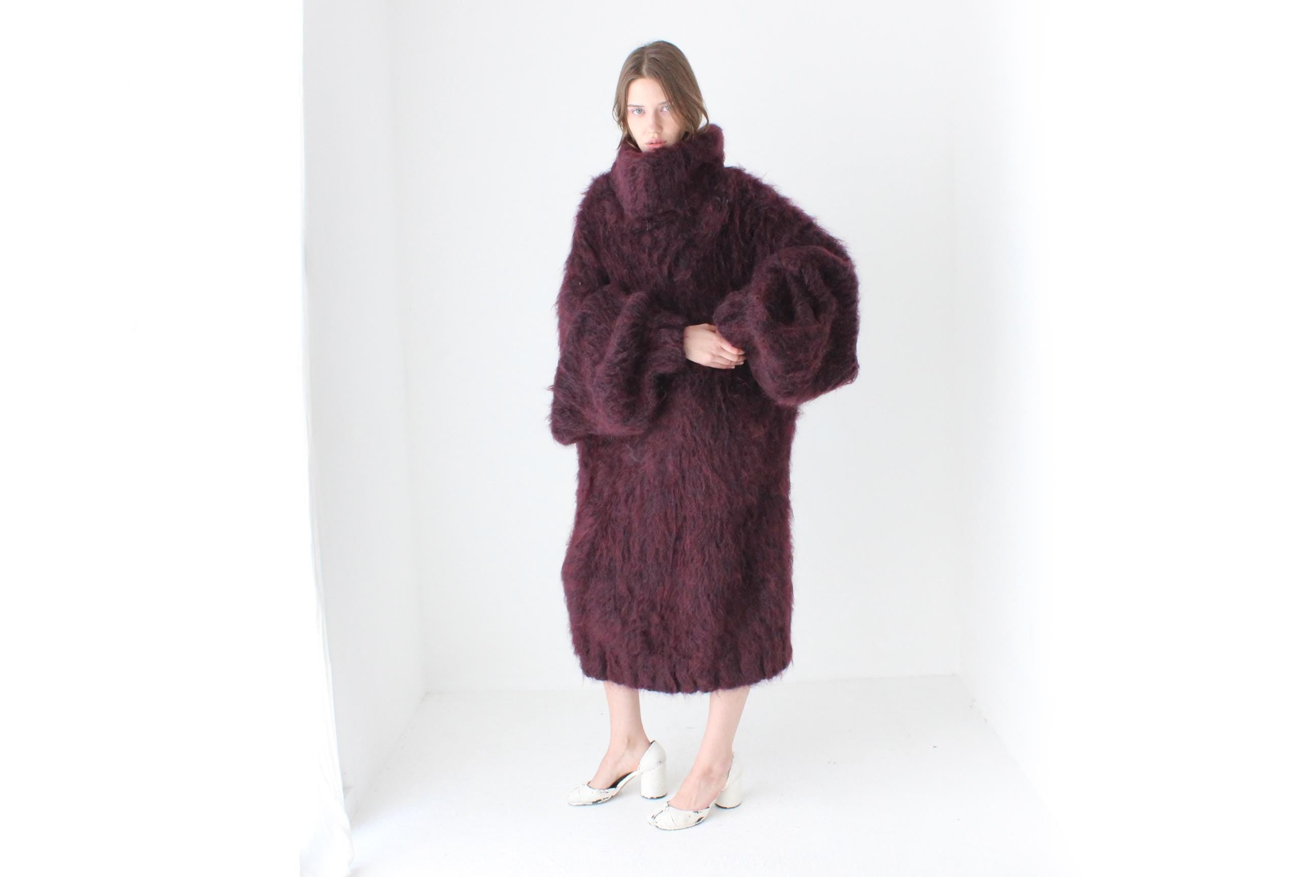 Outrageous Hand Knit Mohair Sweater Dress in Aubergine