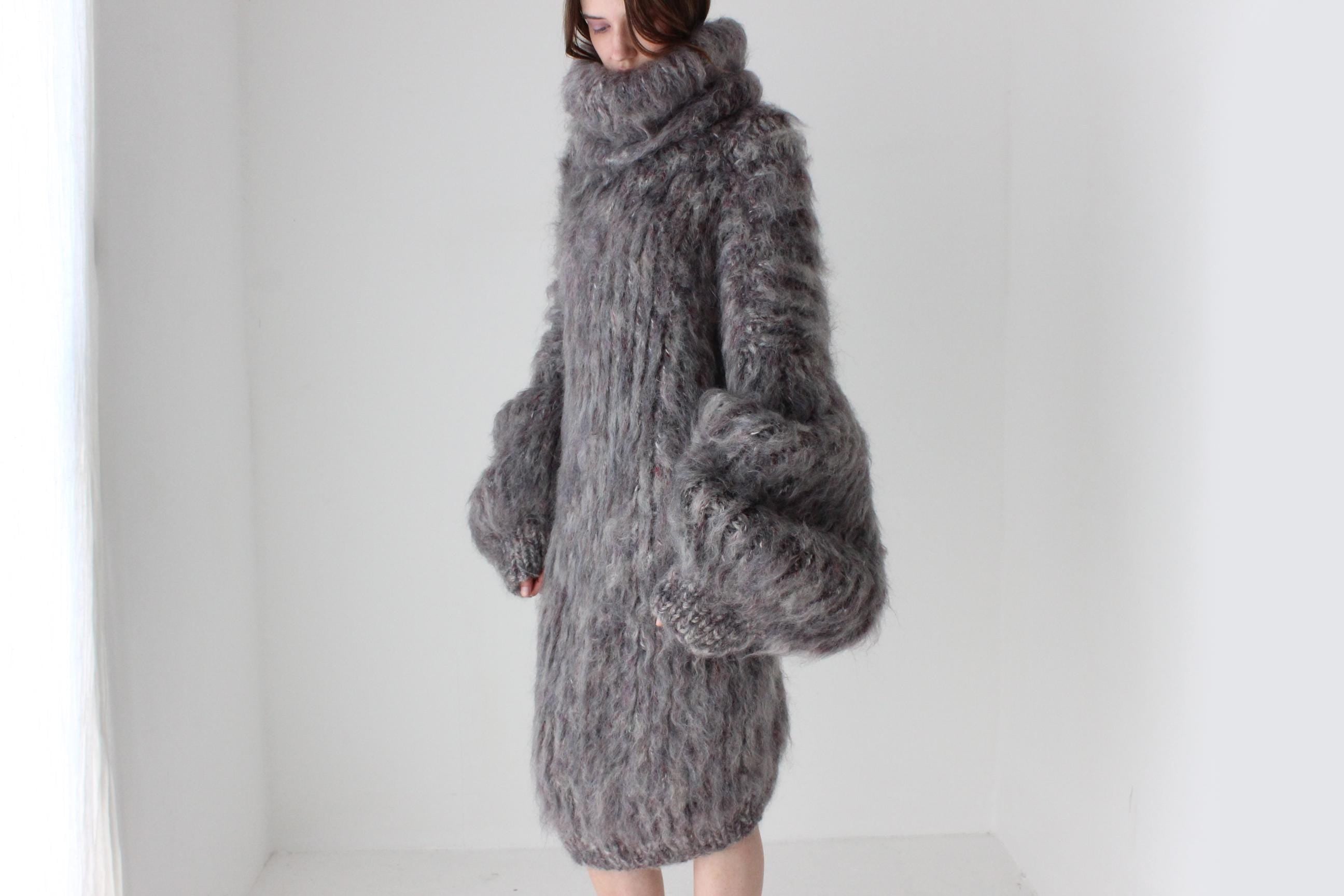 Mottled Grey Hand Knit Mohair Sweater Dress