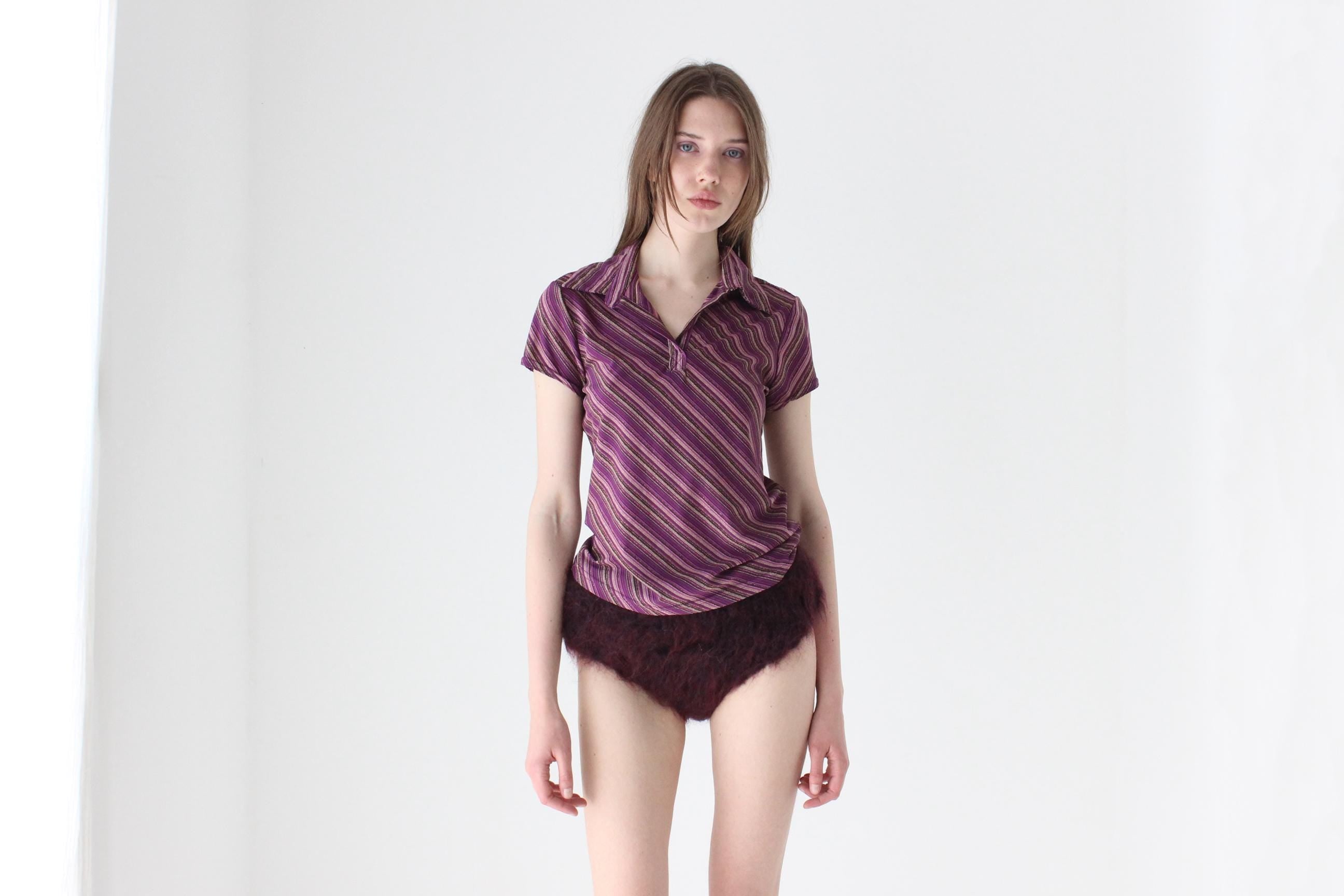Y2K Metallic Stripe Collared Disco Tee
