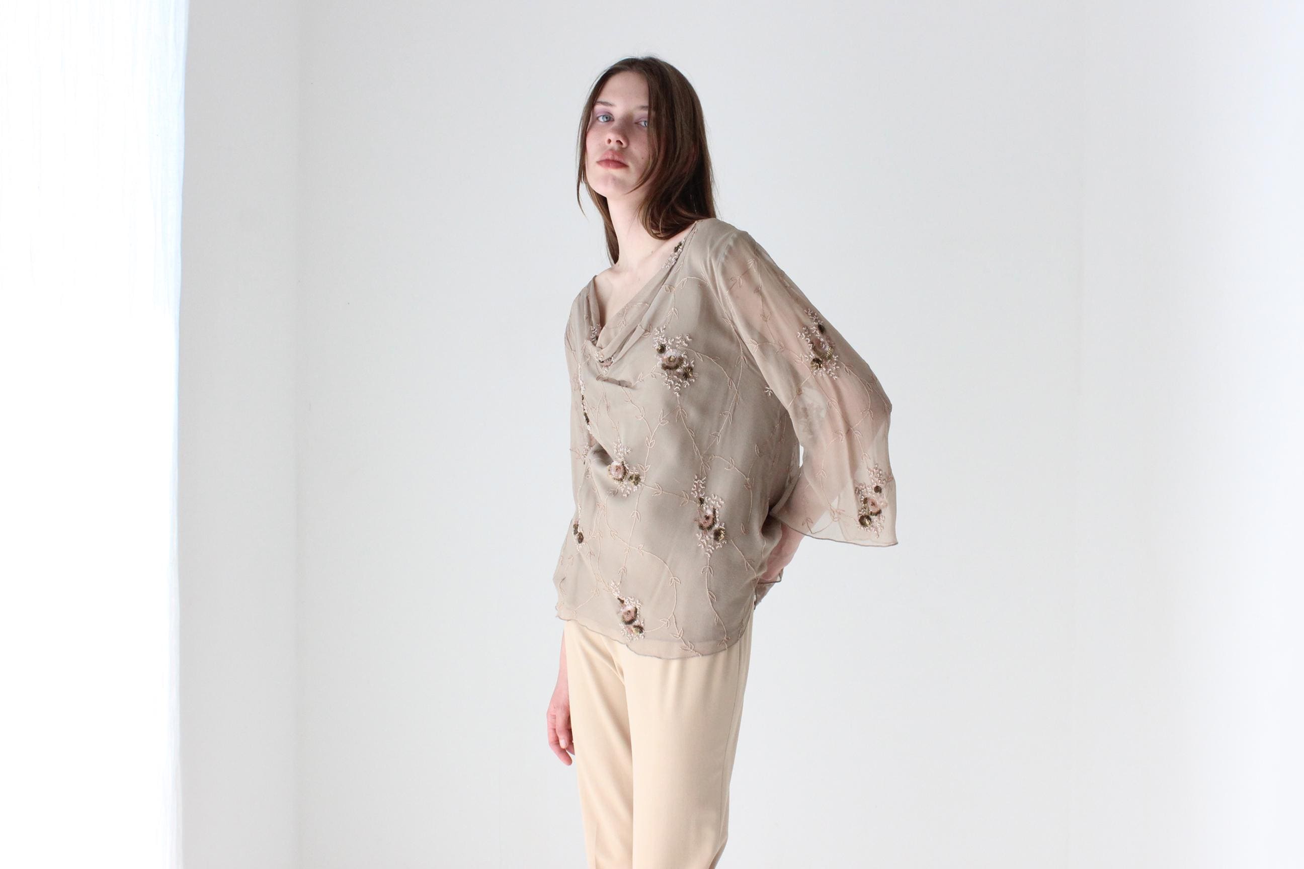 Y2K Beige Silk Cowl Neck Top