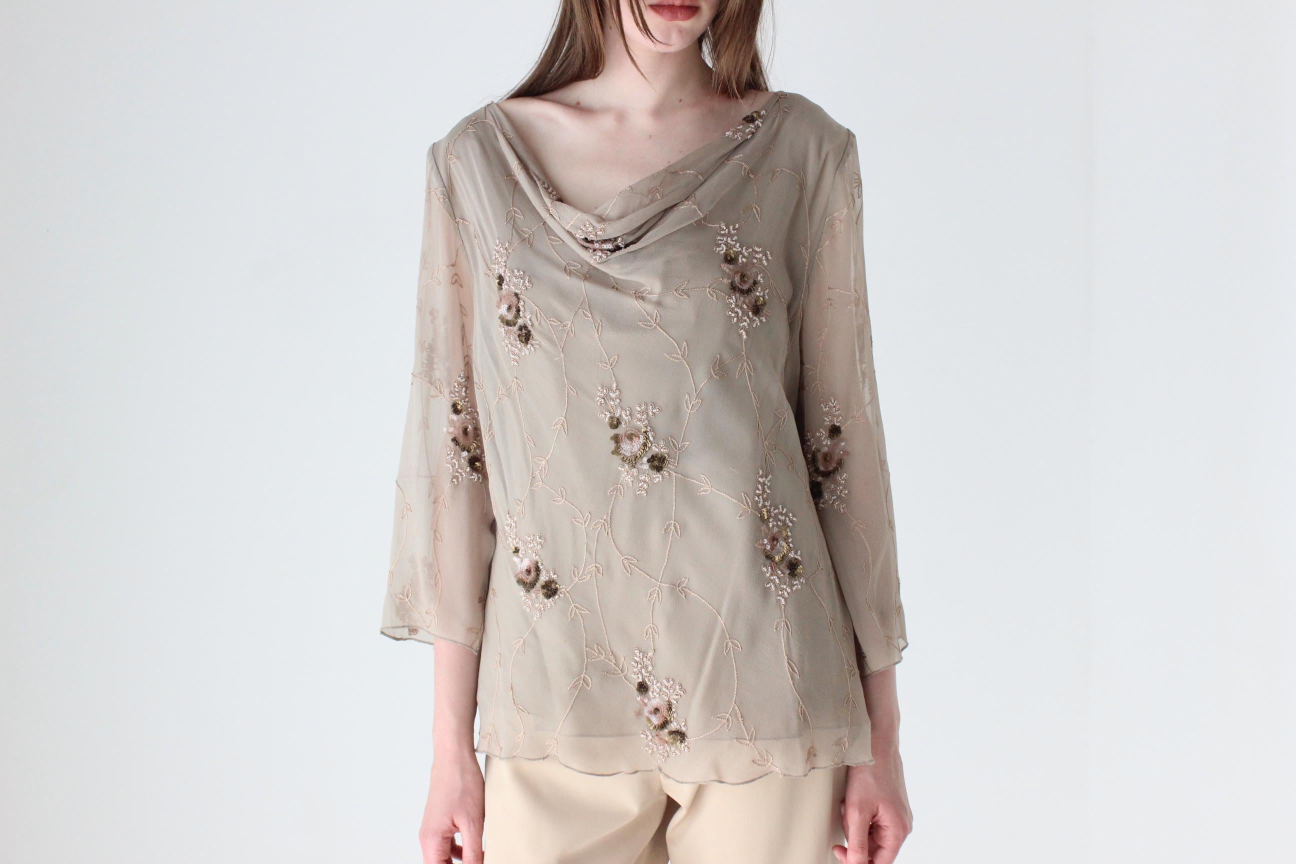 Y2K Beige Silk Cowl Neck Top