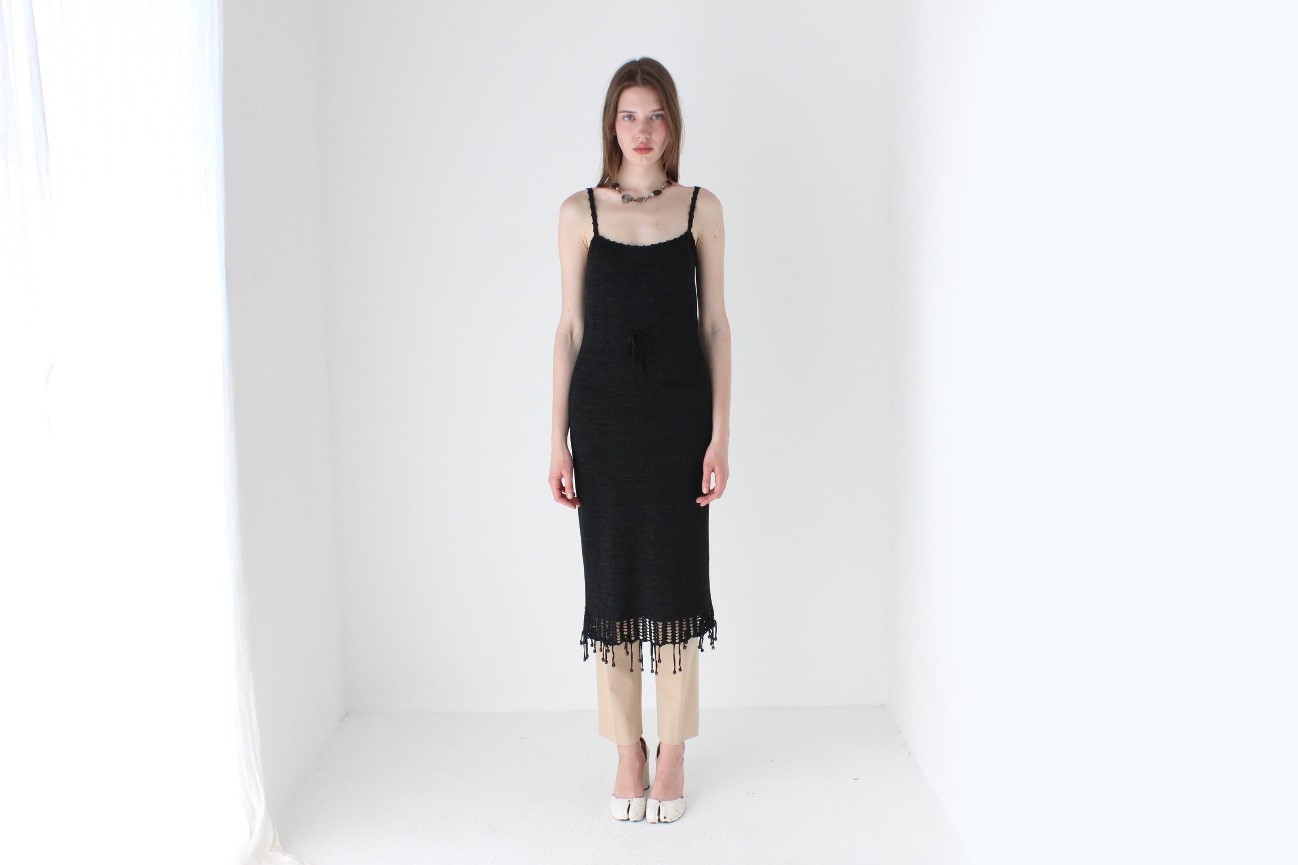 90s Chic Lurex Knit Fitted Dress w/ Beaded Tassel Fringe