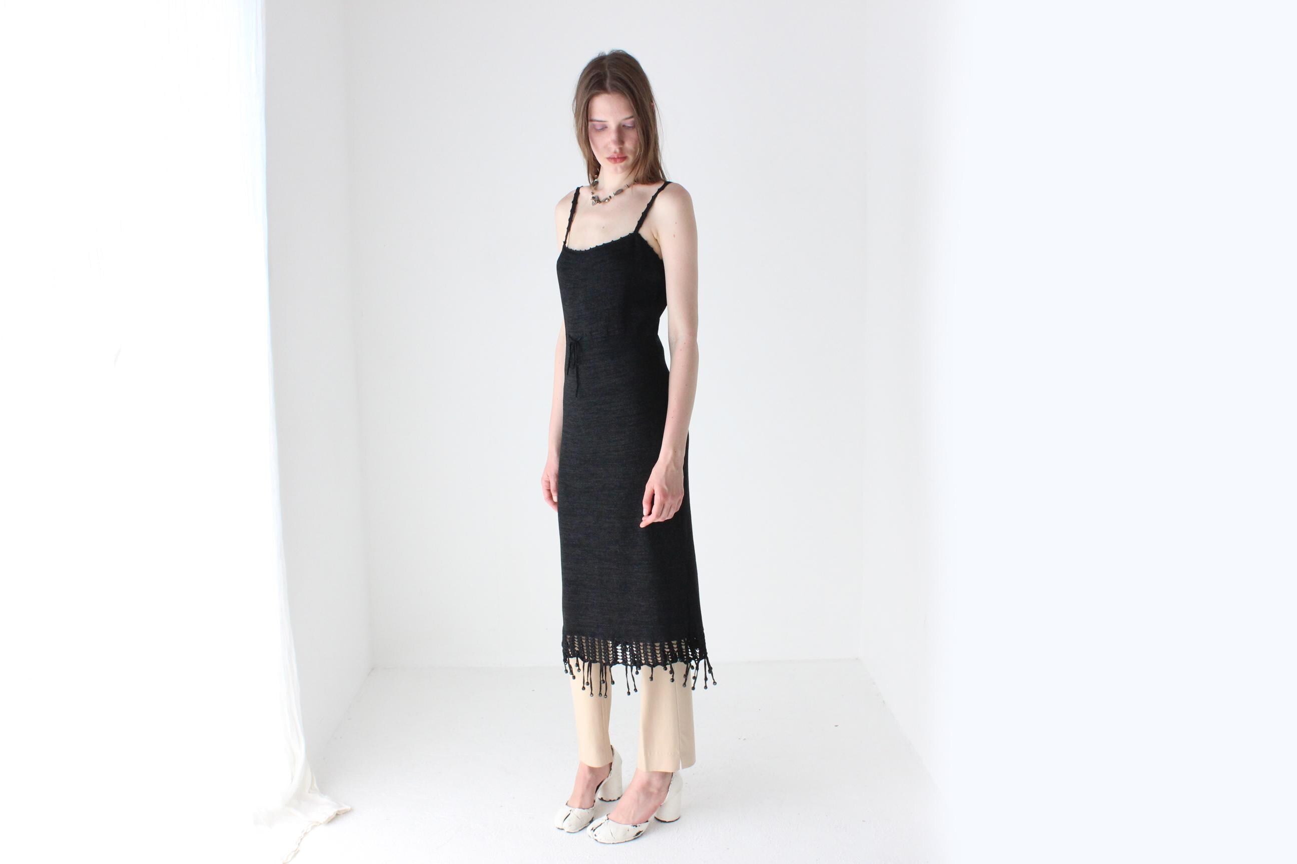 90s Chic Lurex Knit Fitted Dress w/ Beaded Tassel Fringe