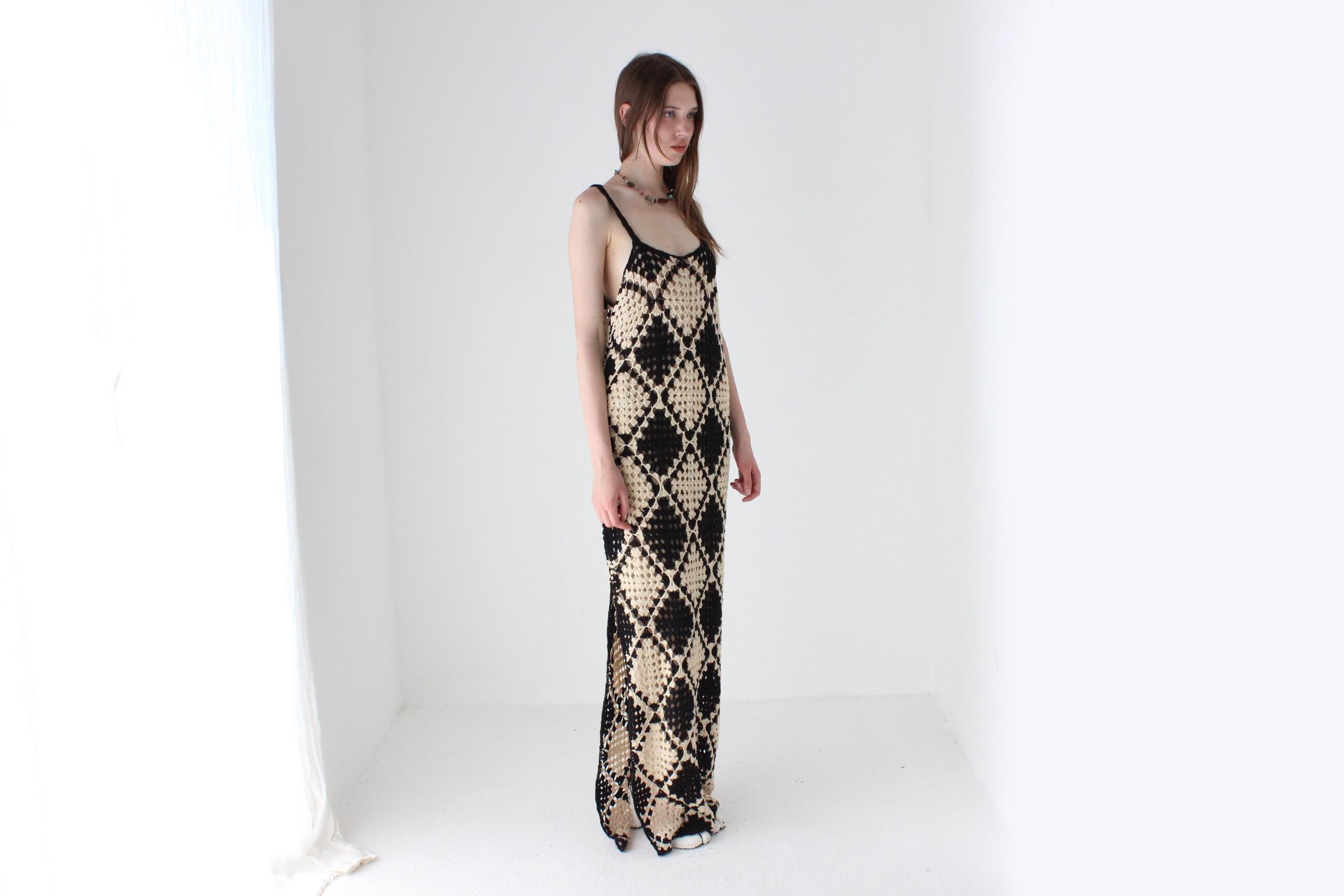 Black & Beige Square Crochet Knit Maxi Dress