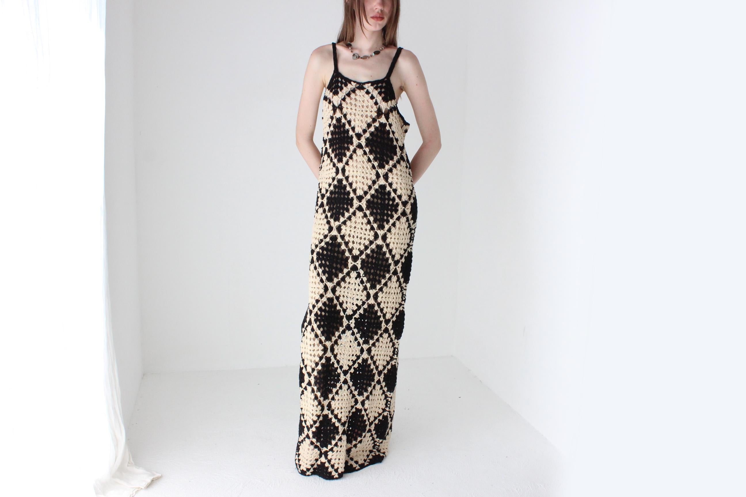 Black & Beige Square Crochet Knit Maxi Dress