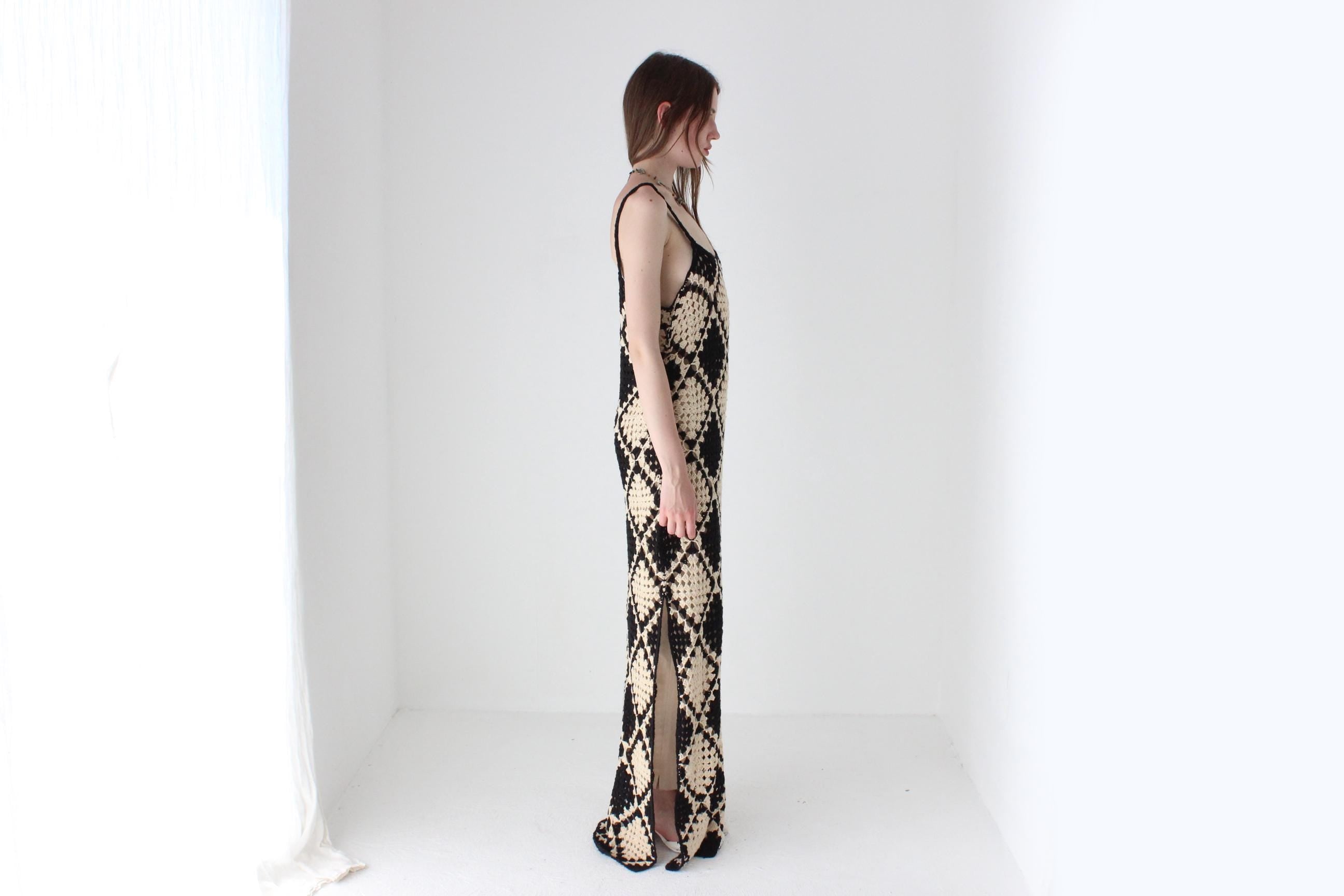 Black & Beige Square Crochet Knit Maxi Dress