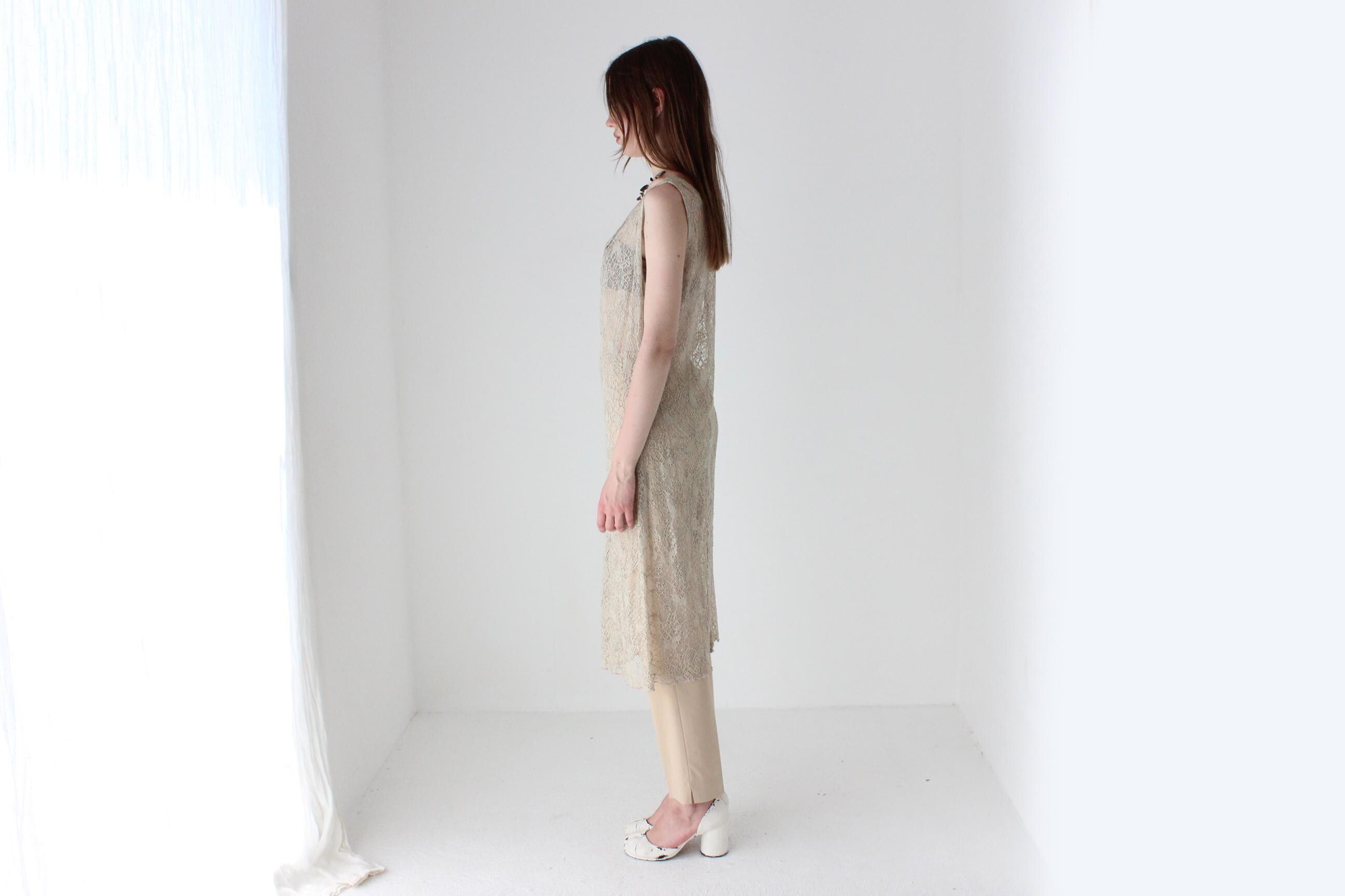90s Italian Vintage Sheer Beige Lace Layering Dress