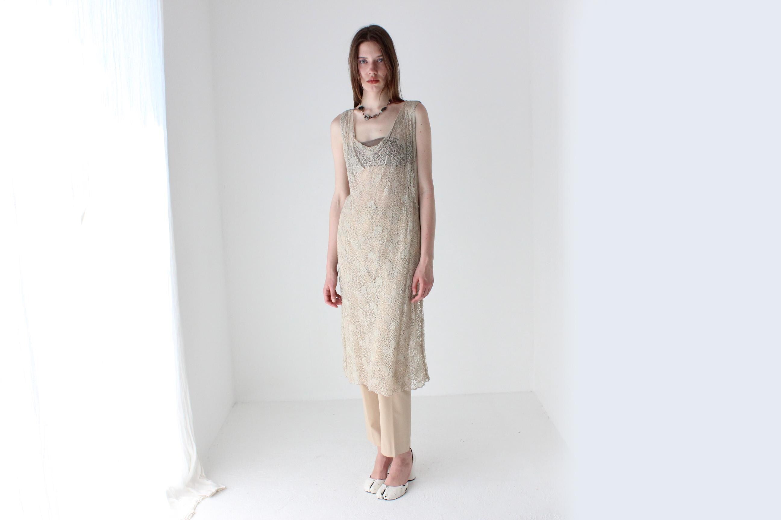 90s Italian Vintage Sheer Beige Lace Layering Dress