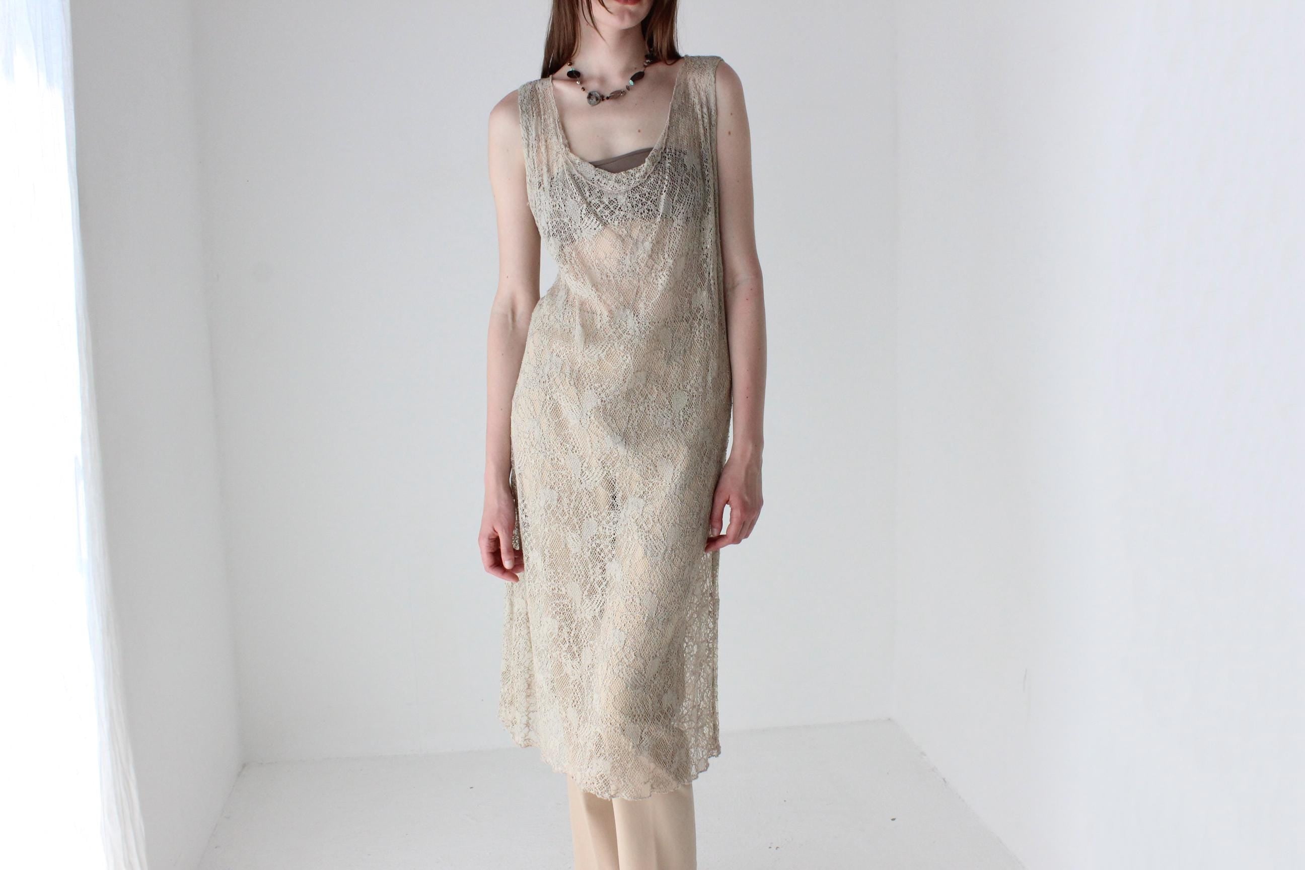 90s Italian Vintage Sheer Beige Lace Layering Dress
