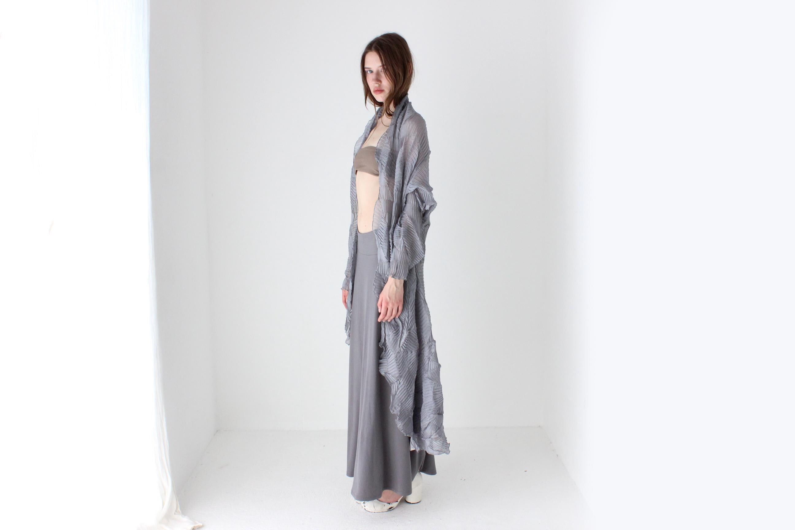2000s Sheer Textured Origami Plisse Duster Jacket