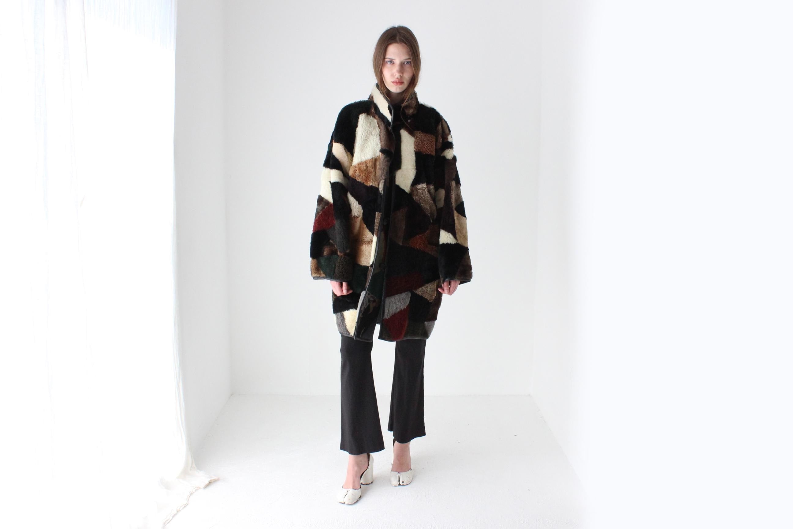 80s Patchwork Shearling & Suede REVERSIBLE Leather Coat