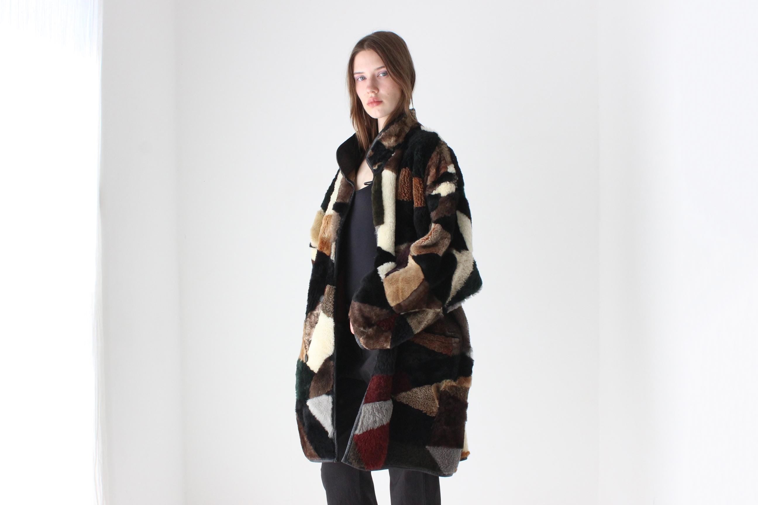 80s Patchwork Shearling & Suede REVERSIBLE Leather Coat