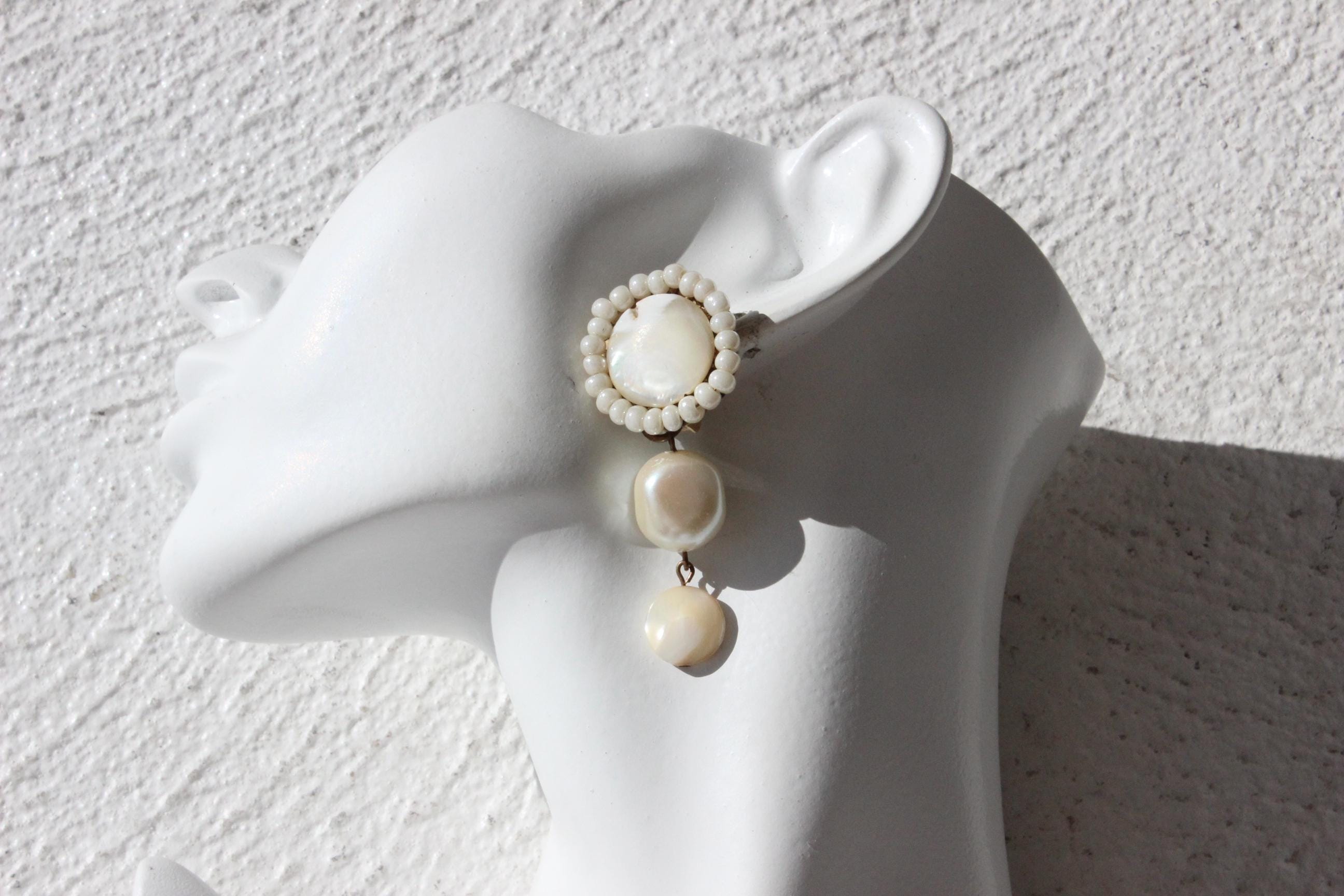 60s Mother of Pearl Baroque Droplet Clip Ons