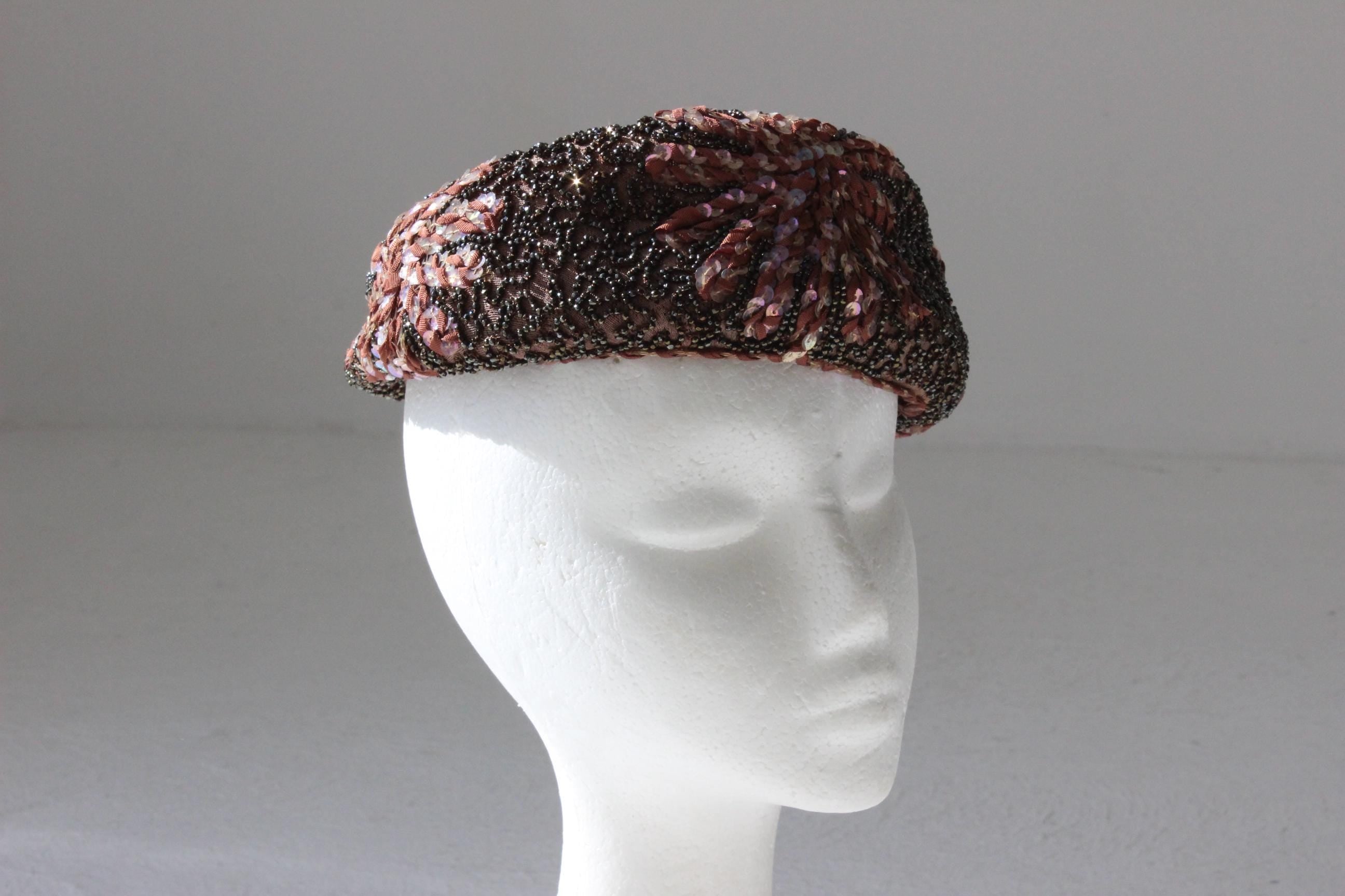 60s Joseph Magnin Hand Beaded & Sequin Plum Pillbox Hat