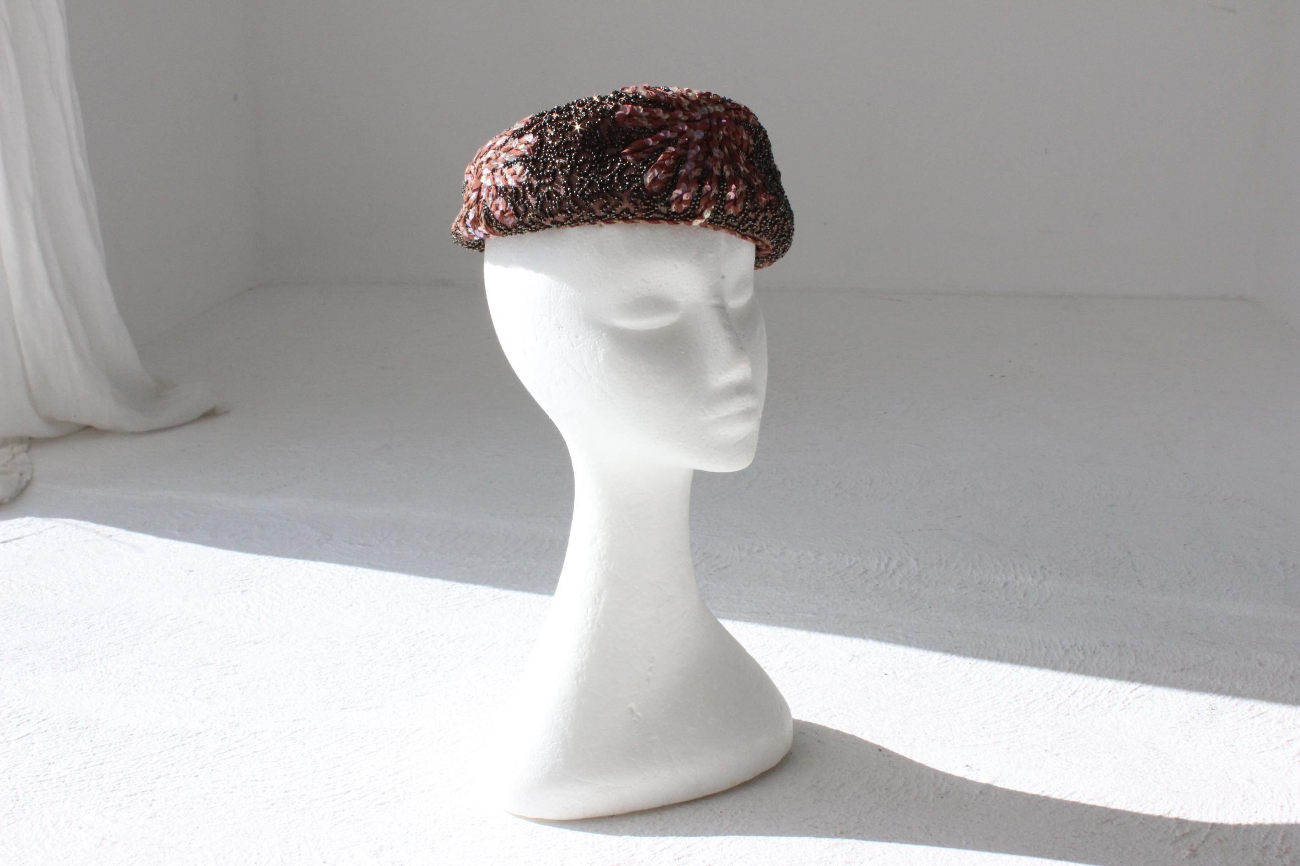 60s Joseph Magnin Hand Beaded & Sequin Plum Pillbox Hat