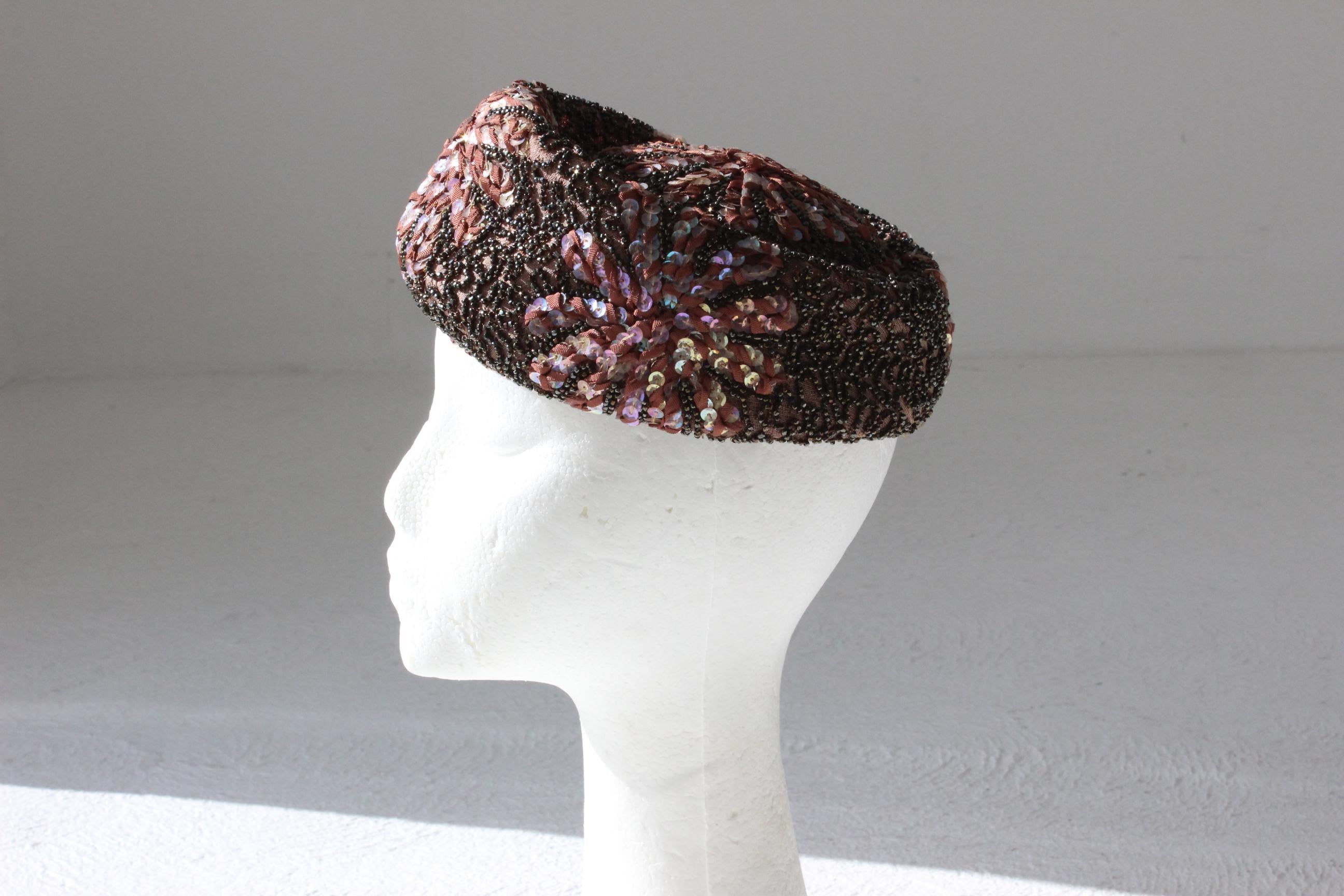 60s Joseph Magnin Hand Beaded & Sequin Plum Pillbox Hat