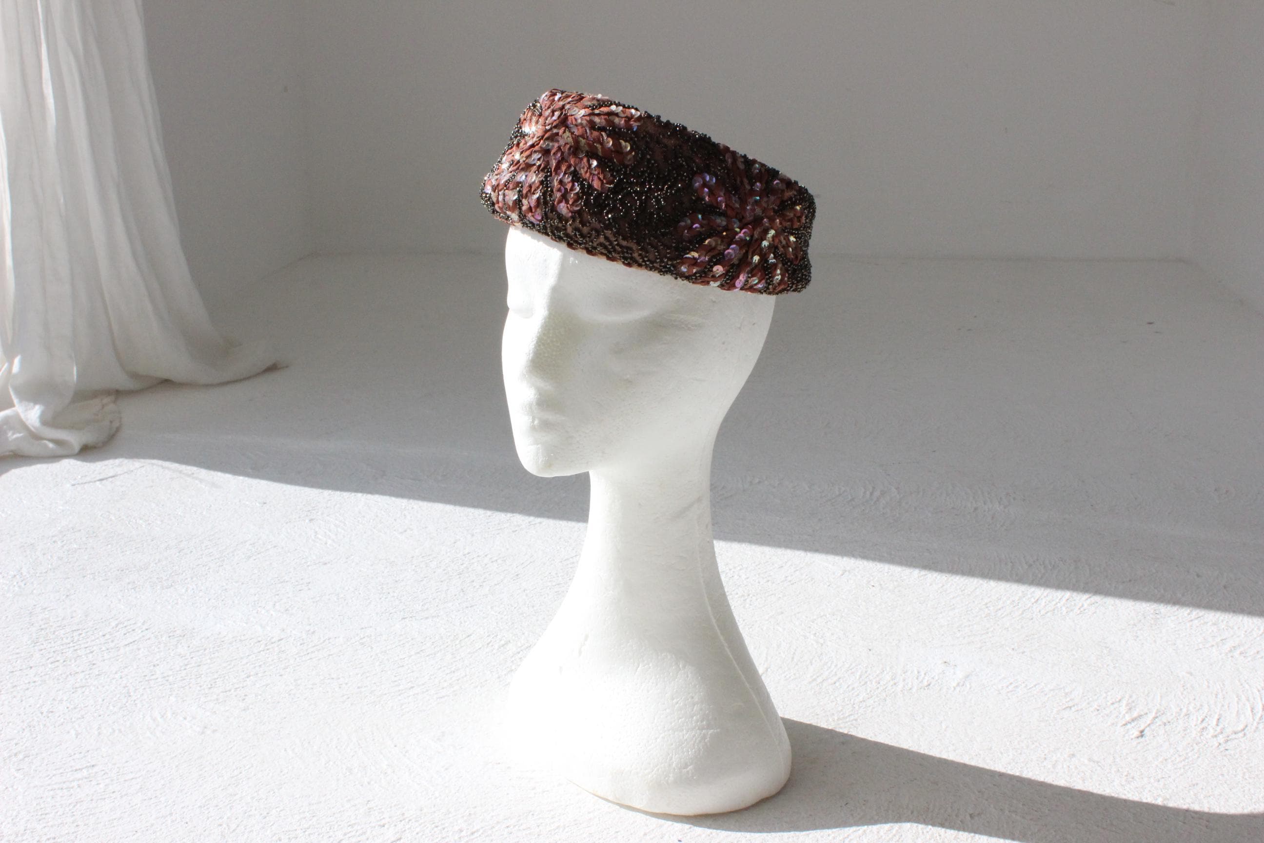 60s Joseph Magnin Hand Beaded & Sequin Plum Pillbox Hat
