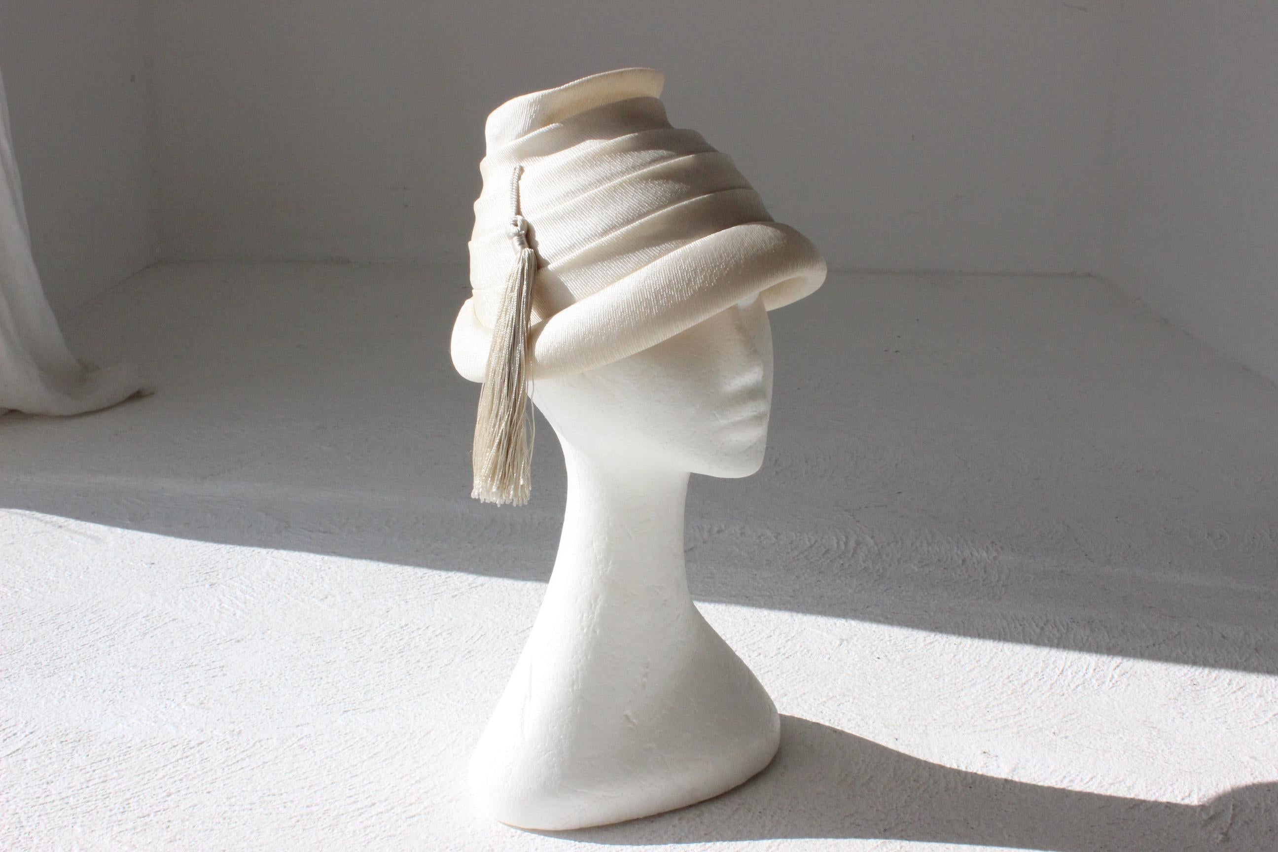 50s Sculptural Beige Beehive Hat w/ Tassel