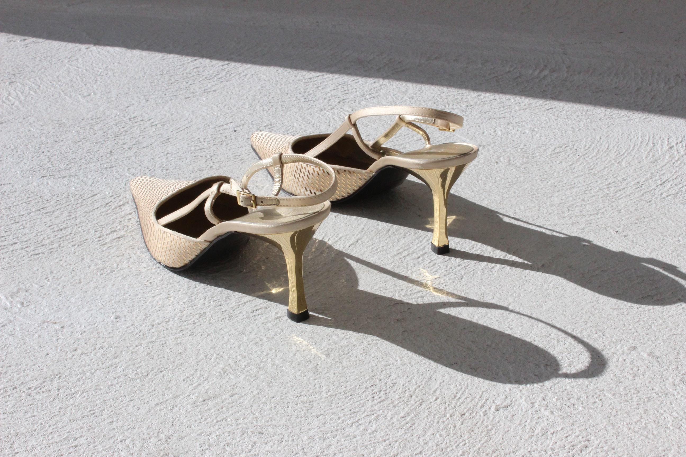 Y2K St John Gold Metallic Mirrorball Slingback Heels ~ Euro 39.5