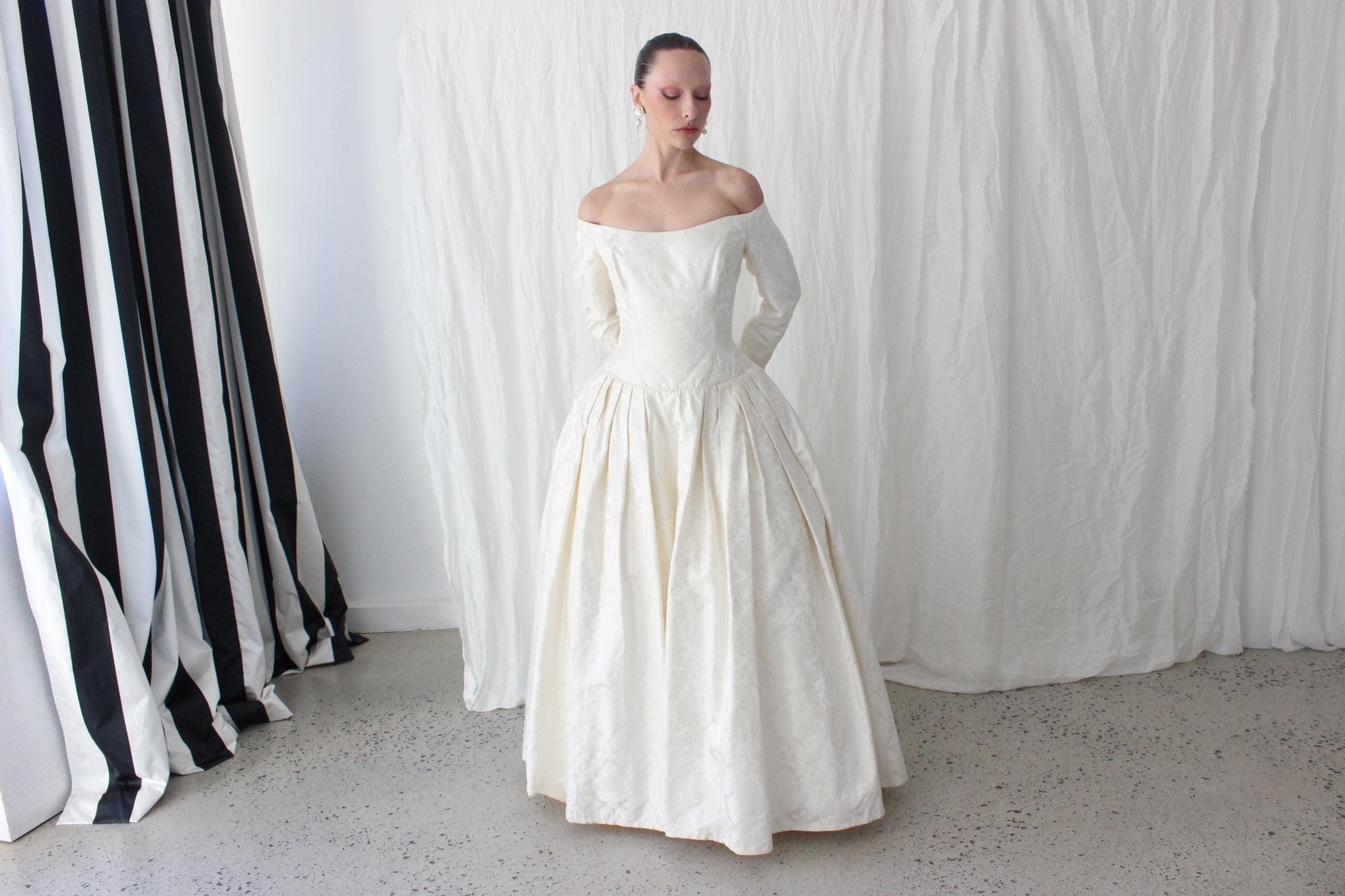 1996 Custom Mariana Hardwick Renaissance Bride Off Shoulder Jacquard Courtier Gown