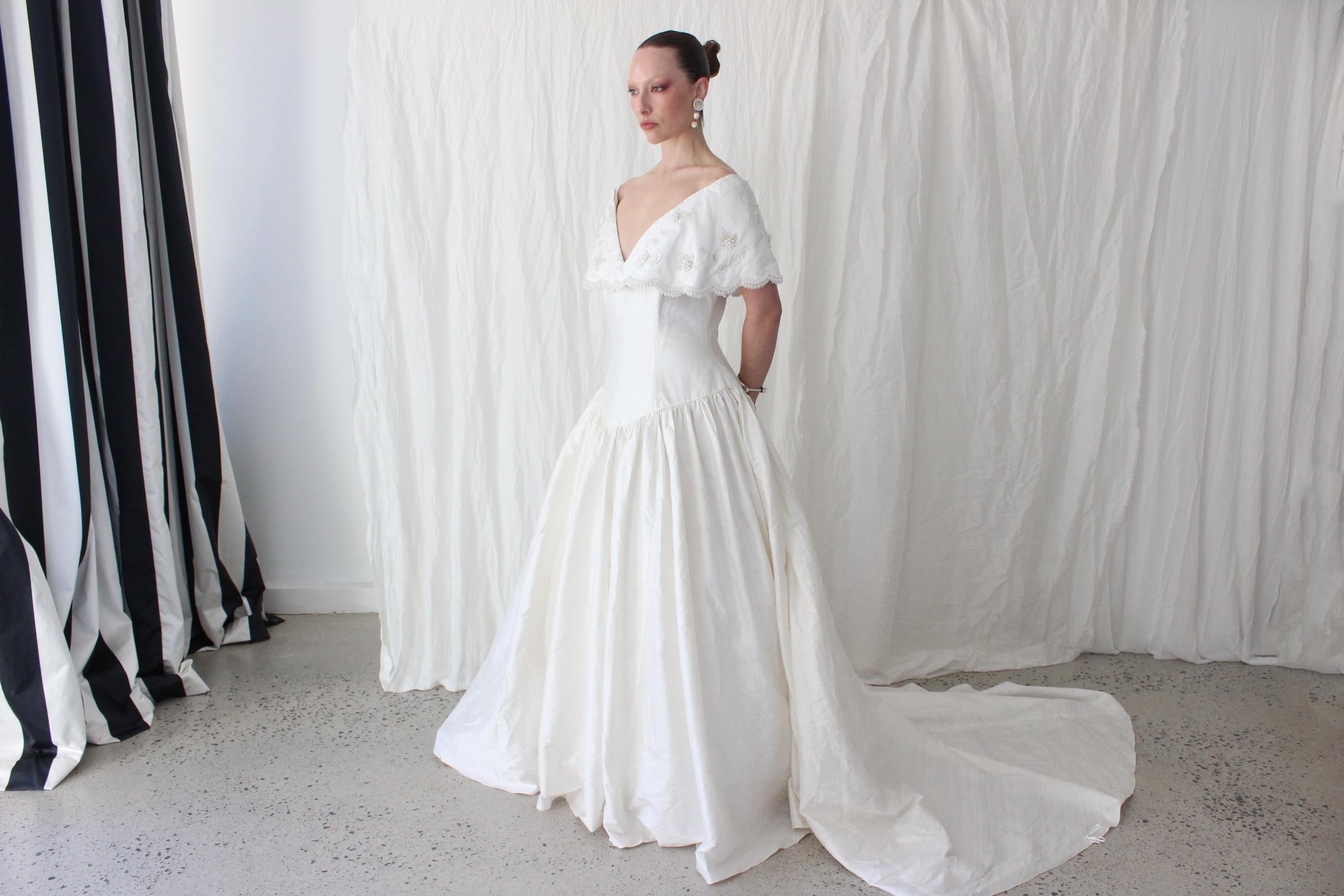 80s Silk Dupion Off Shoulder Gown w/ Pearl Scalloped Trim