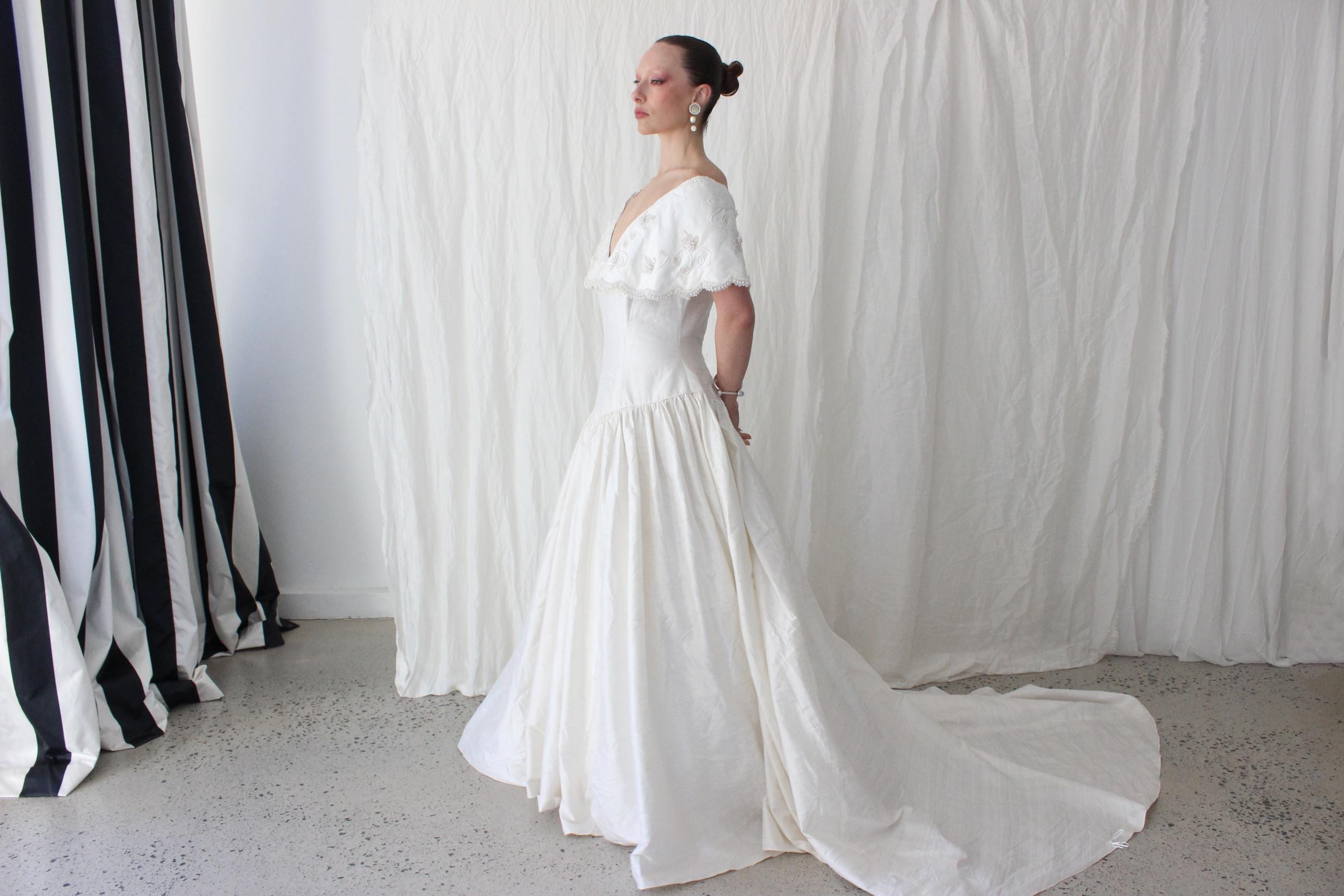 80s Silk Dupion Off Shoulder Gown w/ Pearl Scalloped Trim