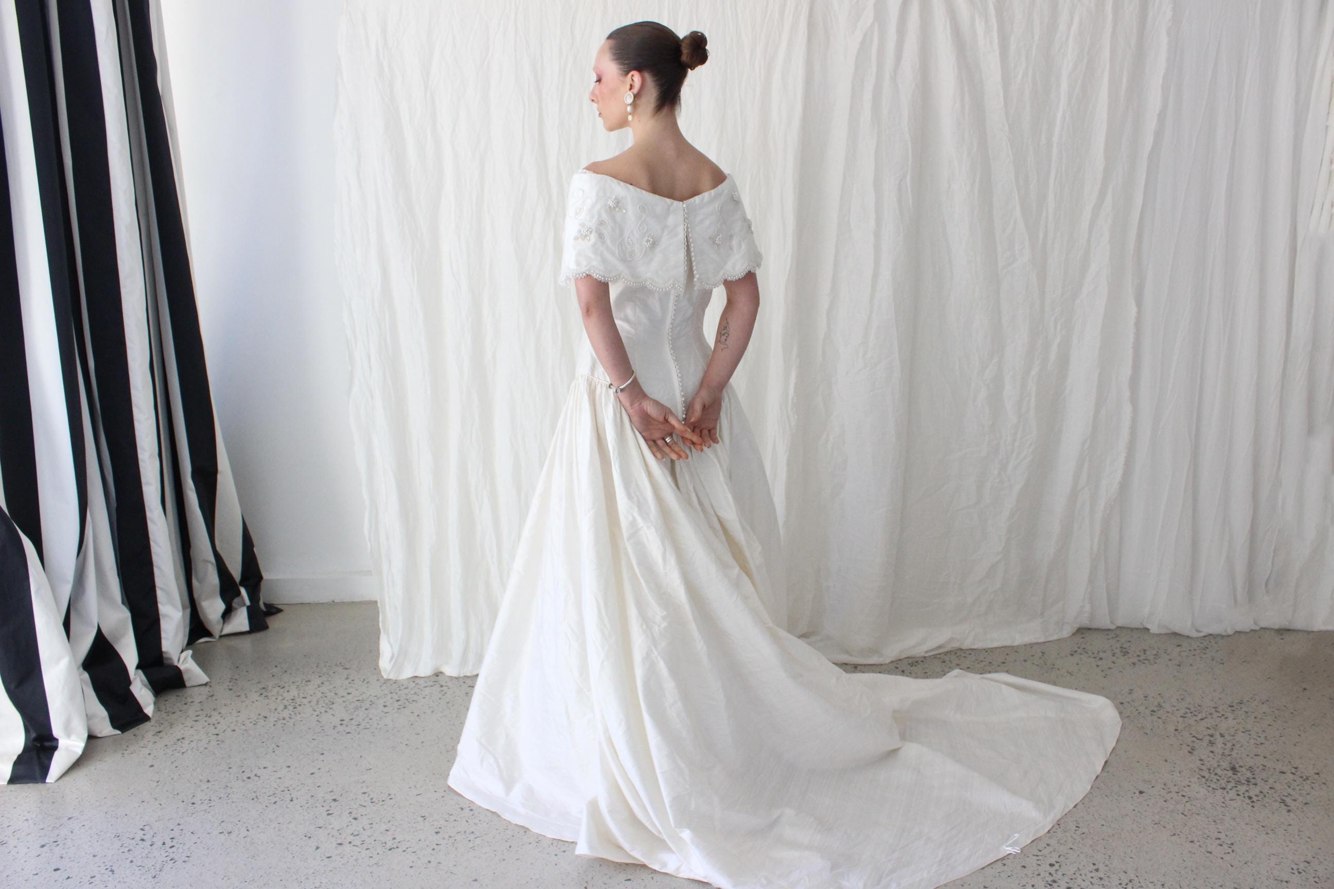 80s Silk Dupion Off Shoulder Gown w/ Pearl Scalloped Trim