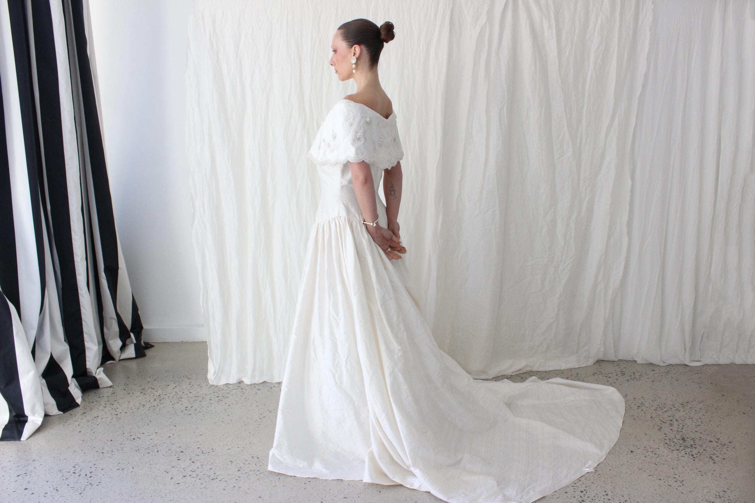 80s Silk Dupion Off Shoulder Gown w/ Pearl Scalloped Trim