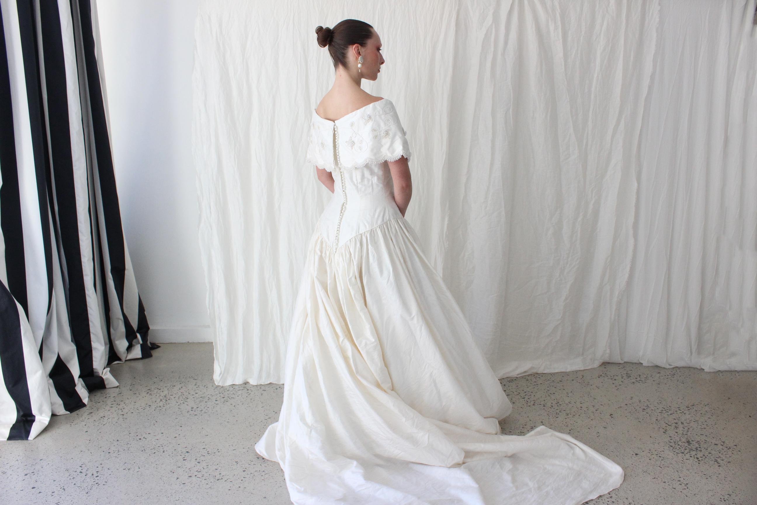80s Silk Dupion Off Shoulder Gown w/ Pearl Scalloped Trim