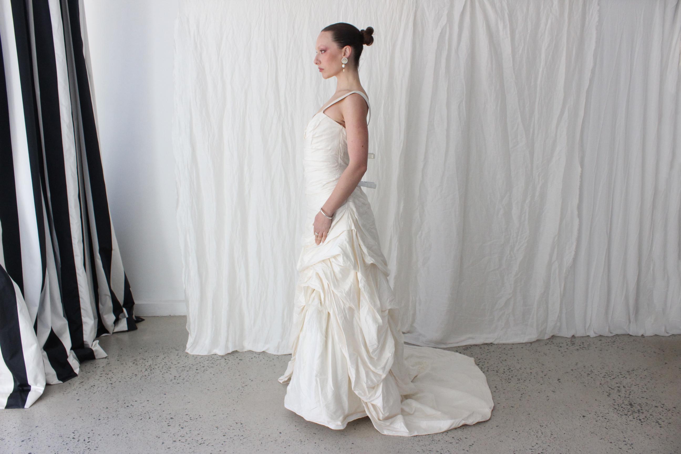 2000s Lightweight Silk Gathered & Textural Asymmetric Gown