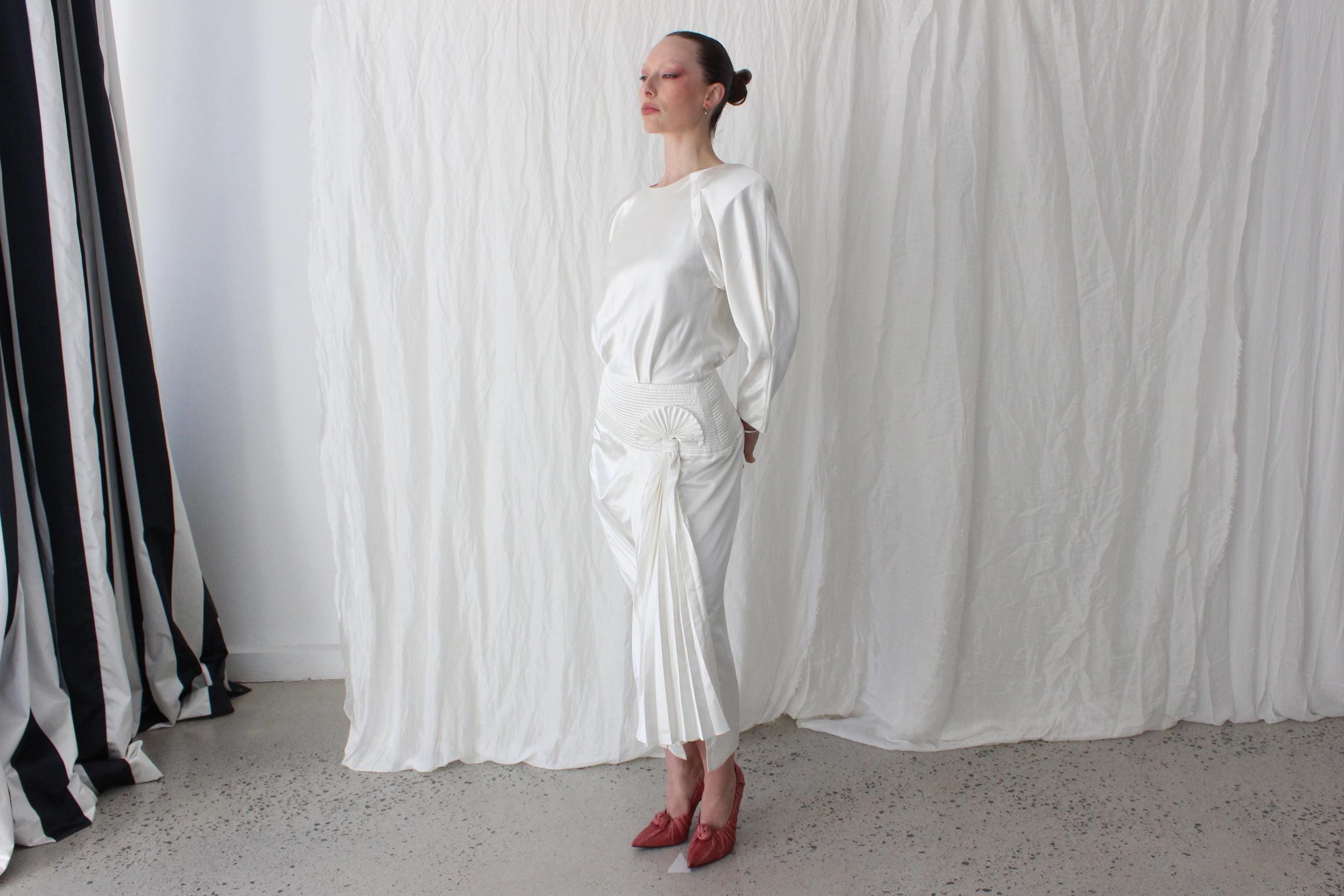 Fabulous 80s Iridescent Long Sleeve Dress w/ Quilted Cummerbund & Pleated Fan Detail
