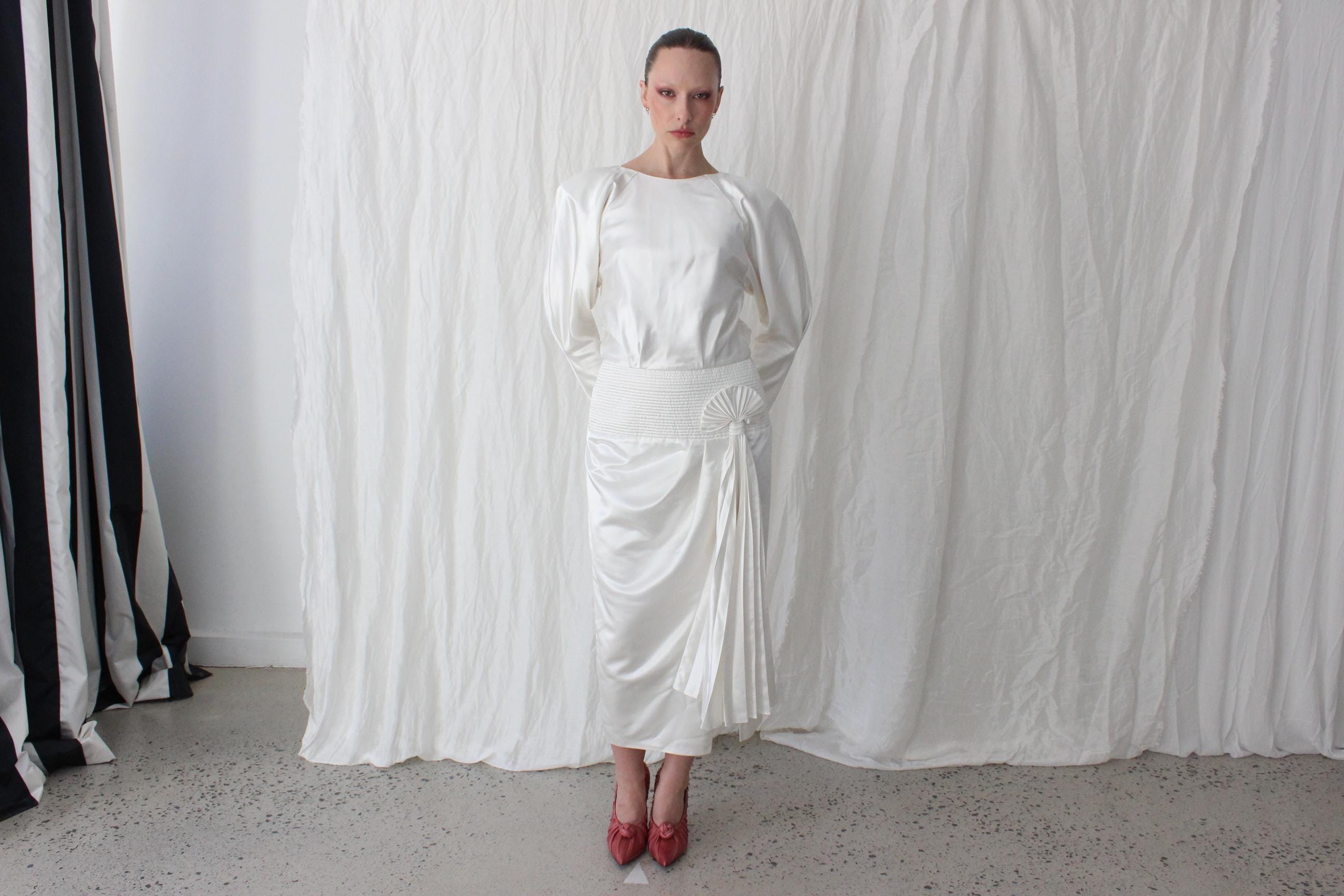 Fabulous 80s Iridescent Long Sleeve Dress w/ Quilted Cummerbund & Pleated Fan Detail