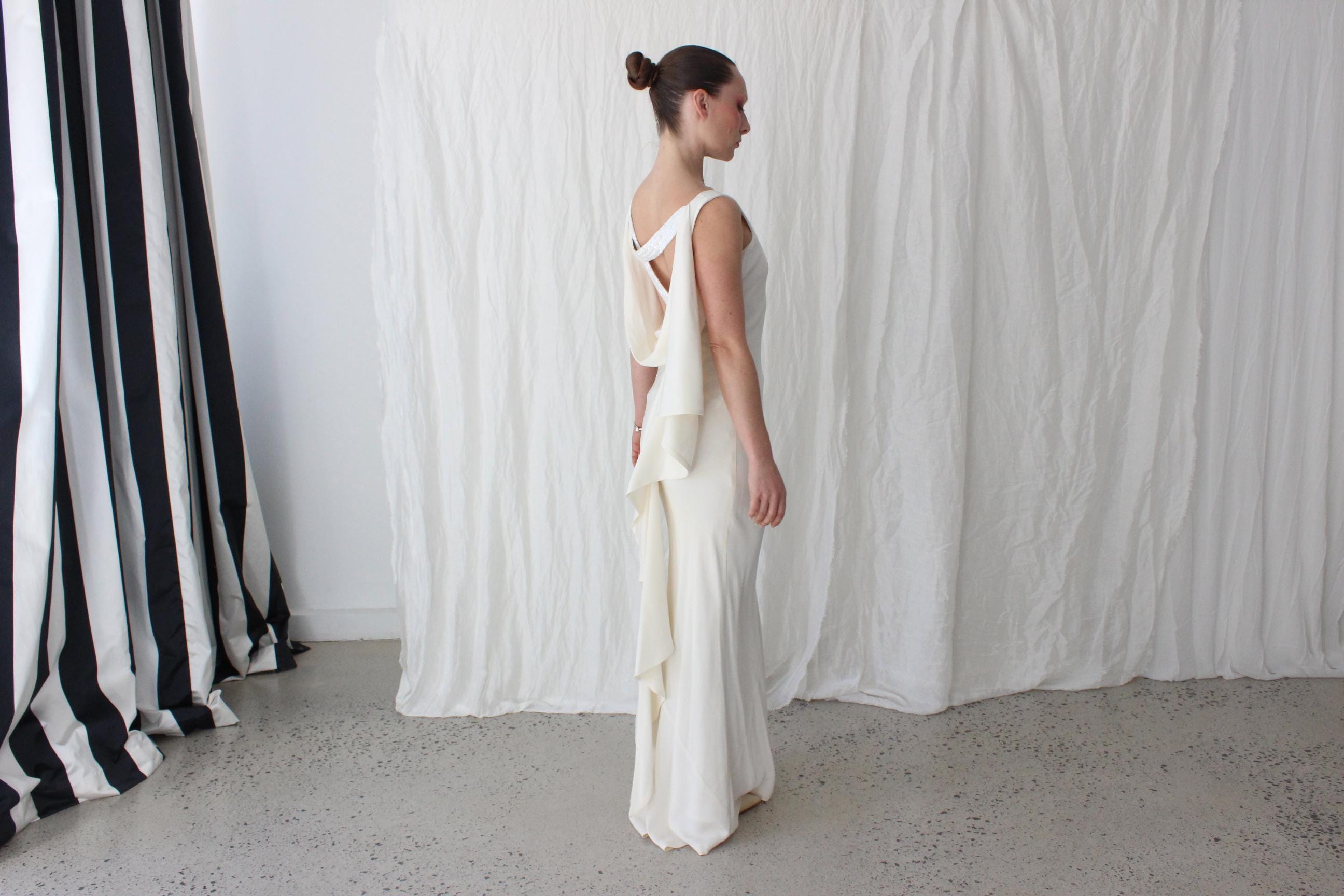 90s Nicole Miller Asymmetric Silk Bias Cut Gown w/ Beaded Detailing & Draped Back