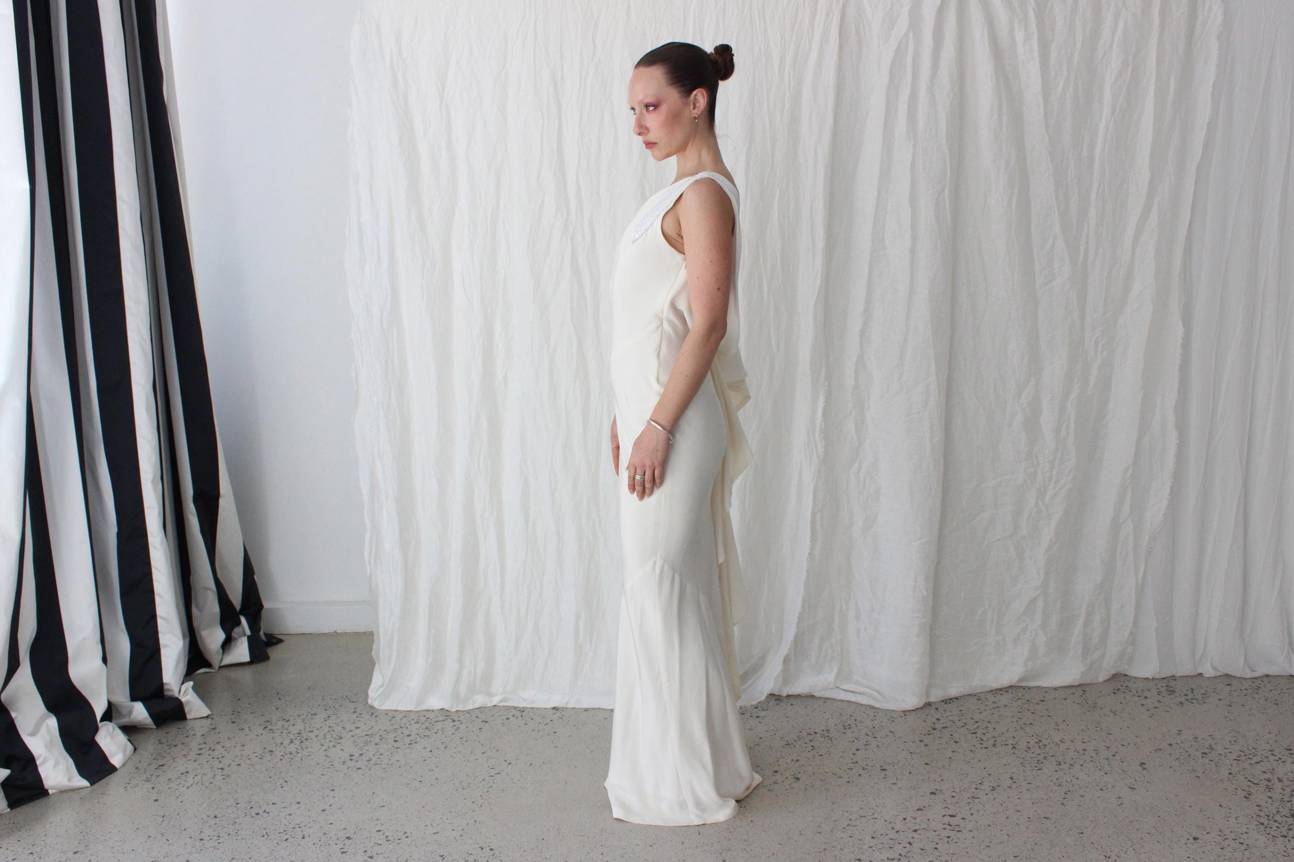 90s Nicole Miller Asymmetric Silk Bias Cut Gown w/ Beaded Detailing & Draped Back