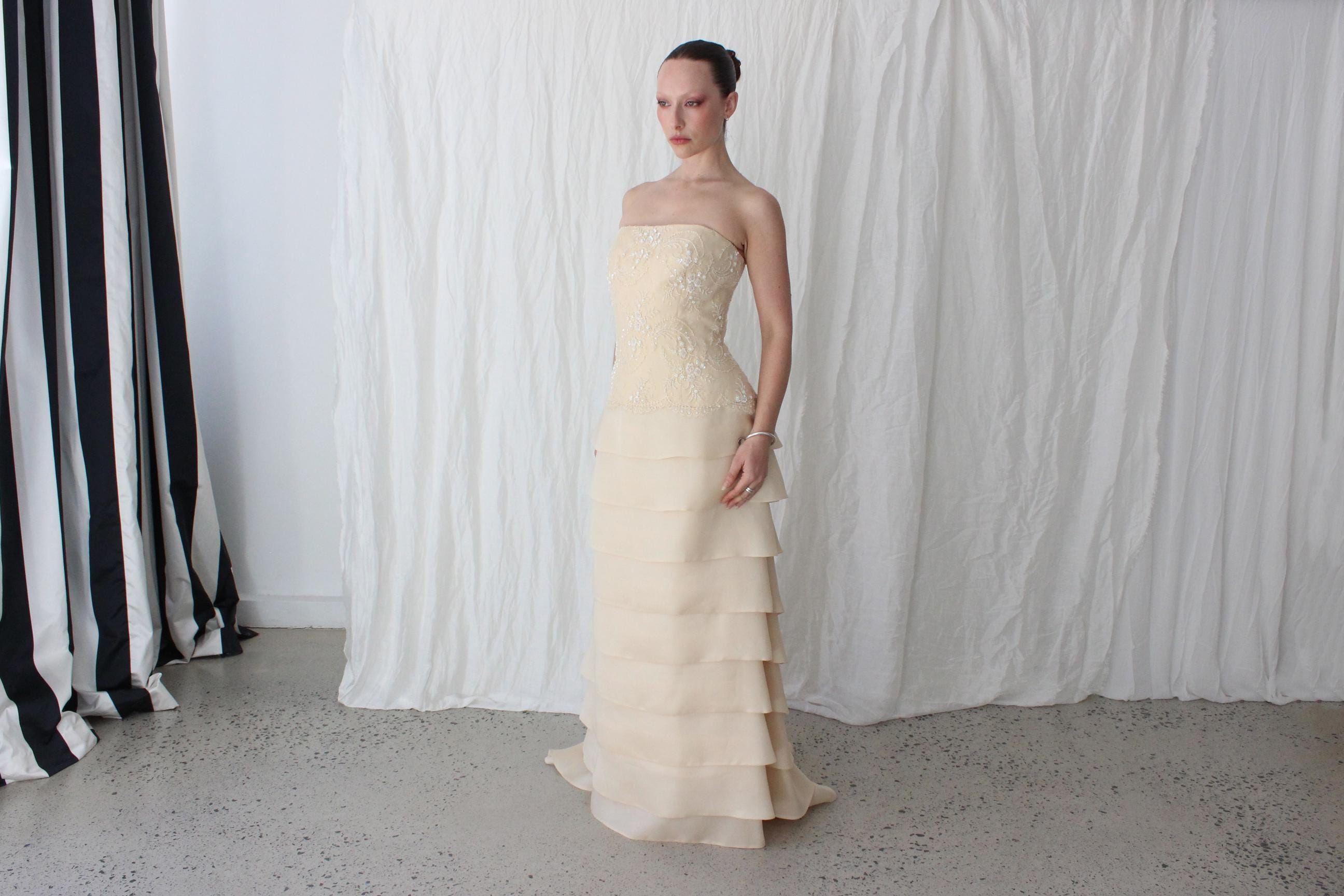 90s Lace & Silk Organza Strapless Tiered Gown