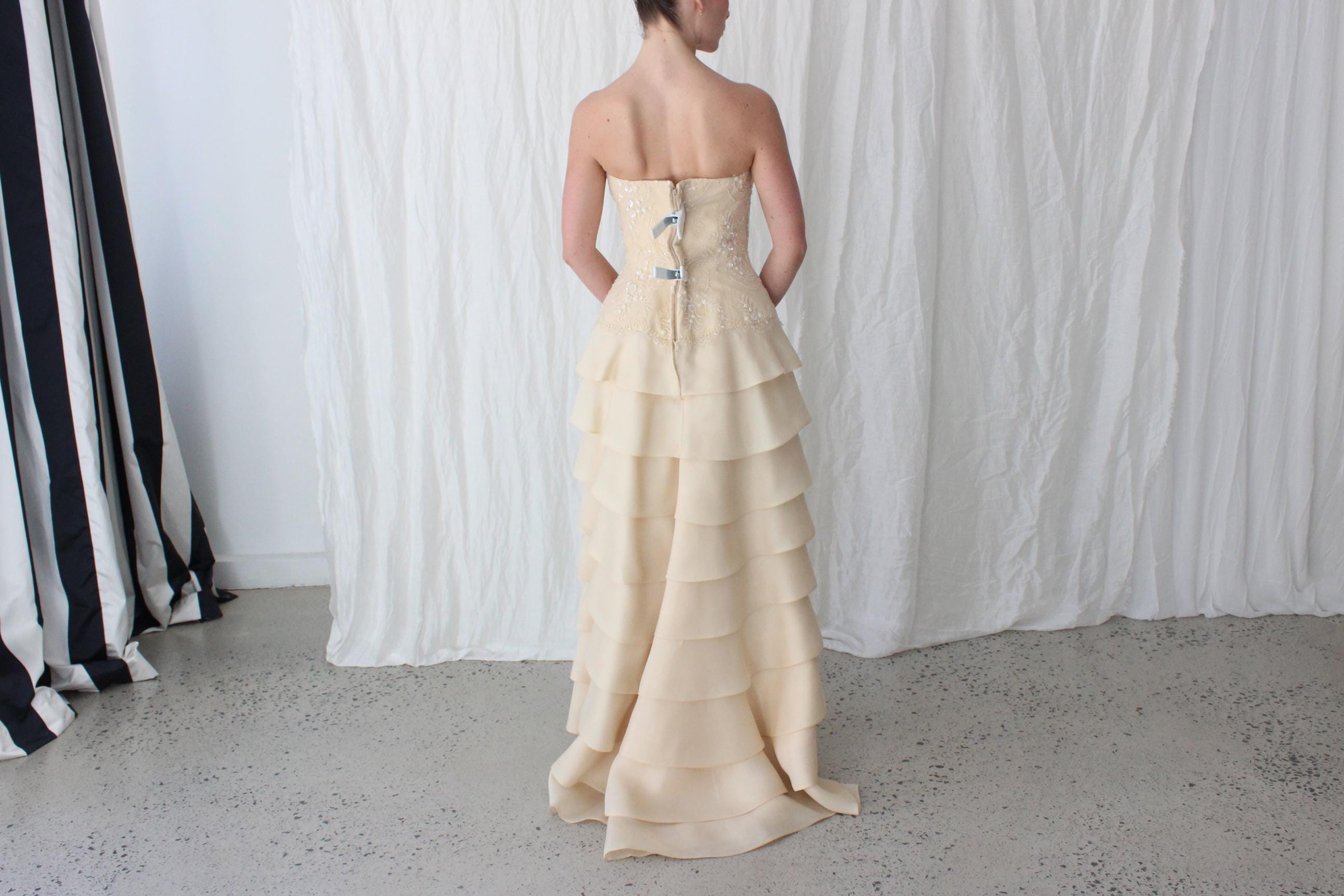 90s Lace & Silk Organza Strapless Tiered Gown