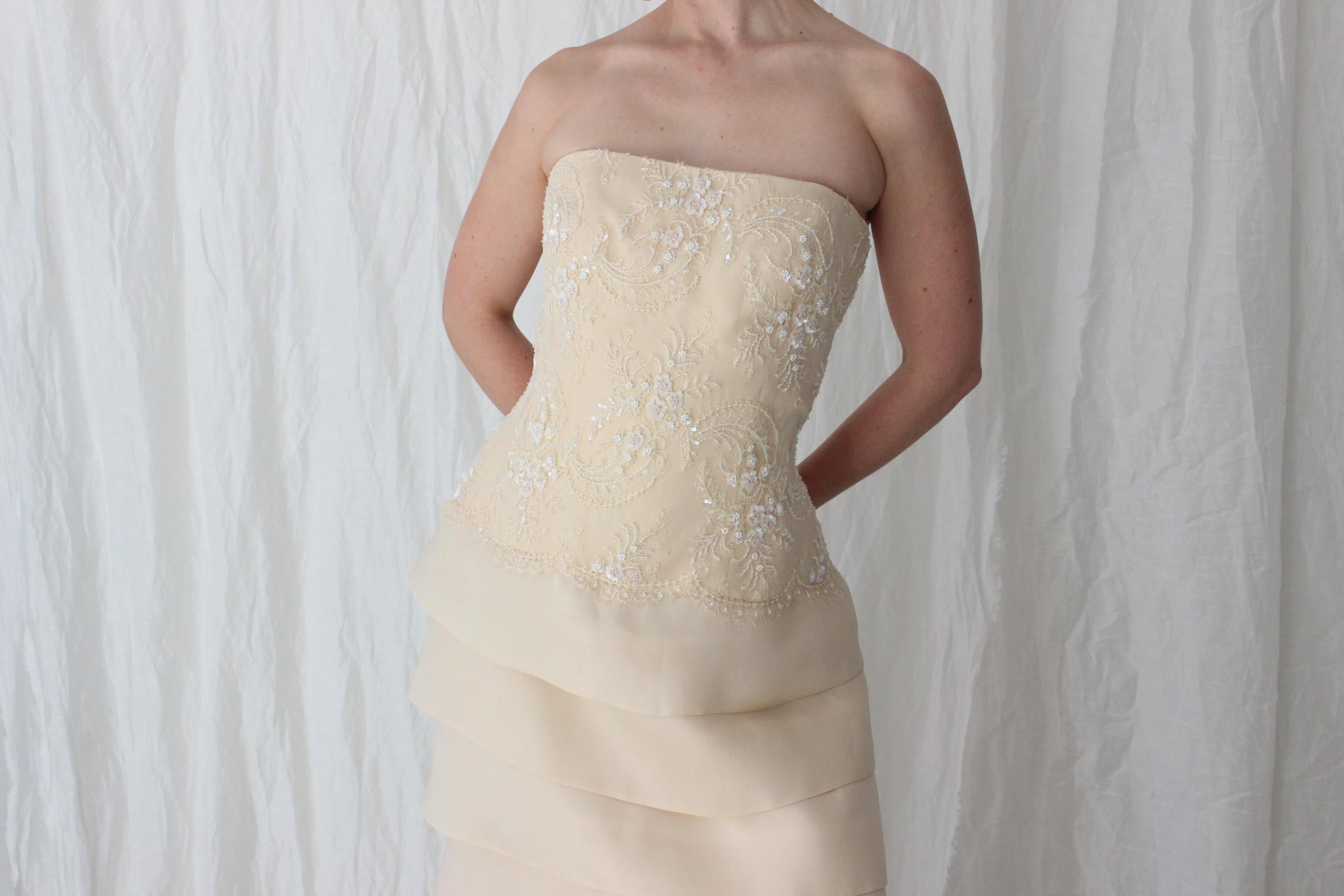 90s Lace & Silk Organza Strapless Tiered Gown