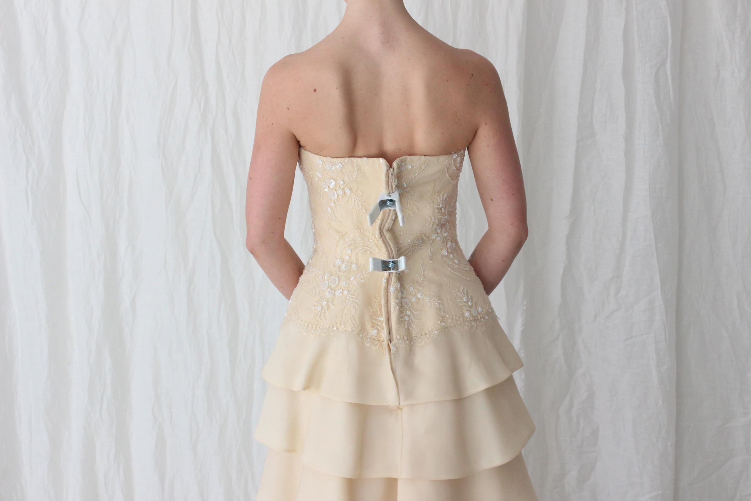 90s Lace & Silk Organza Strapless Tiered Gown