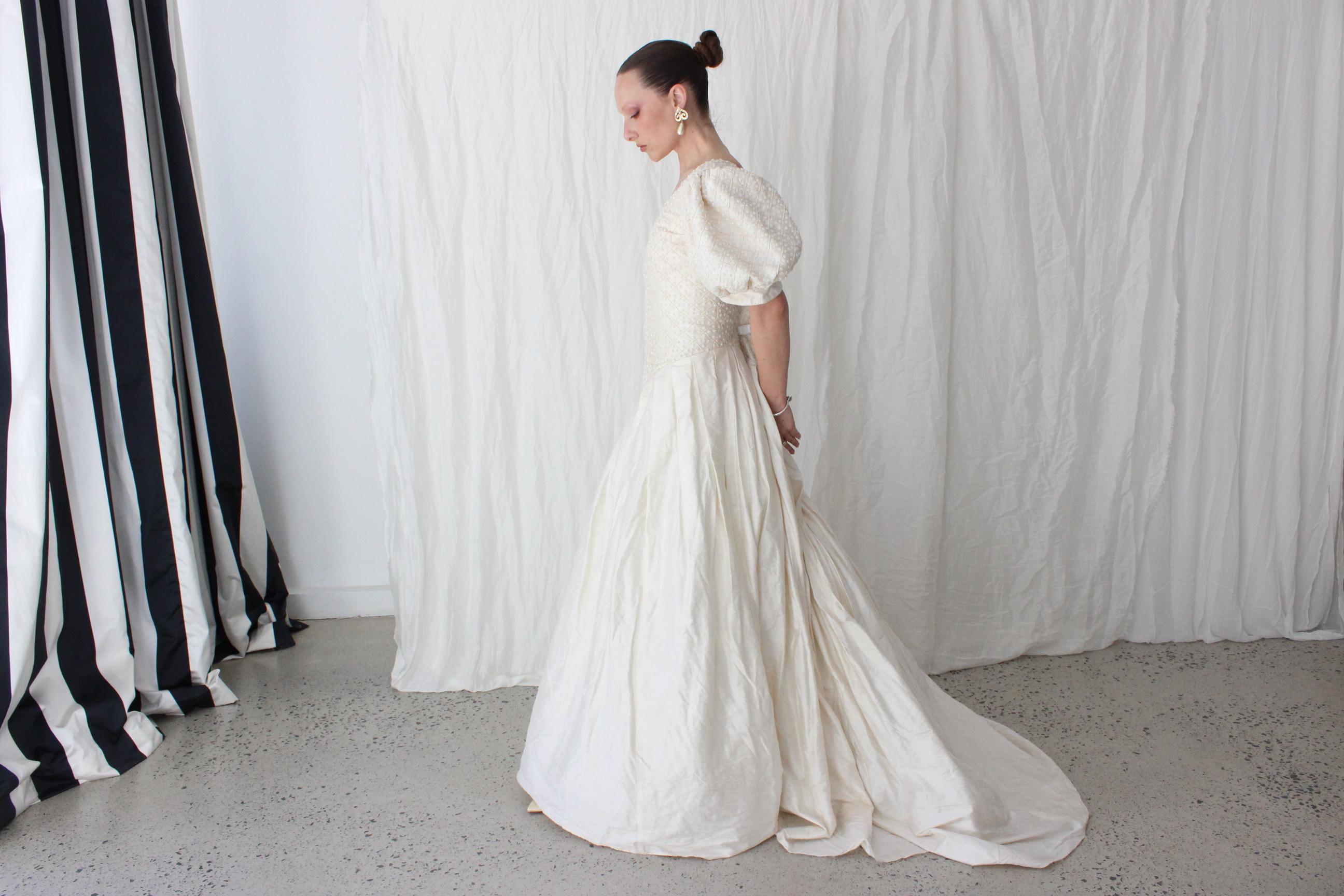 Glorious 80s Silk Dupion Puff Sleeve, Basque Waist Gown w/ Beaded Bodice