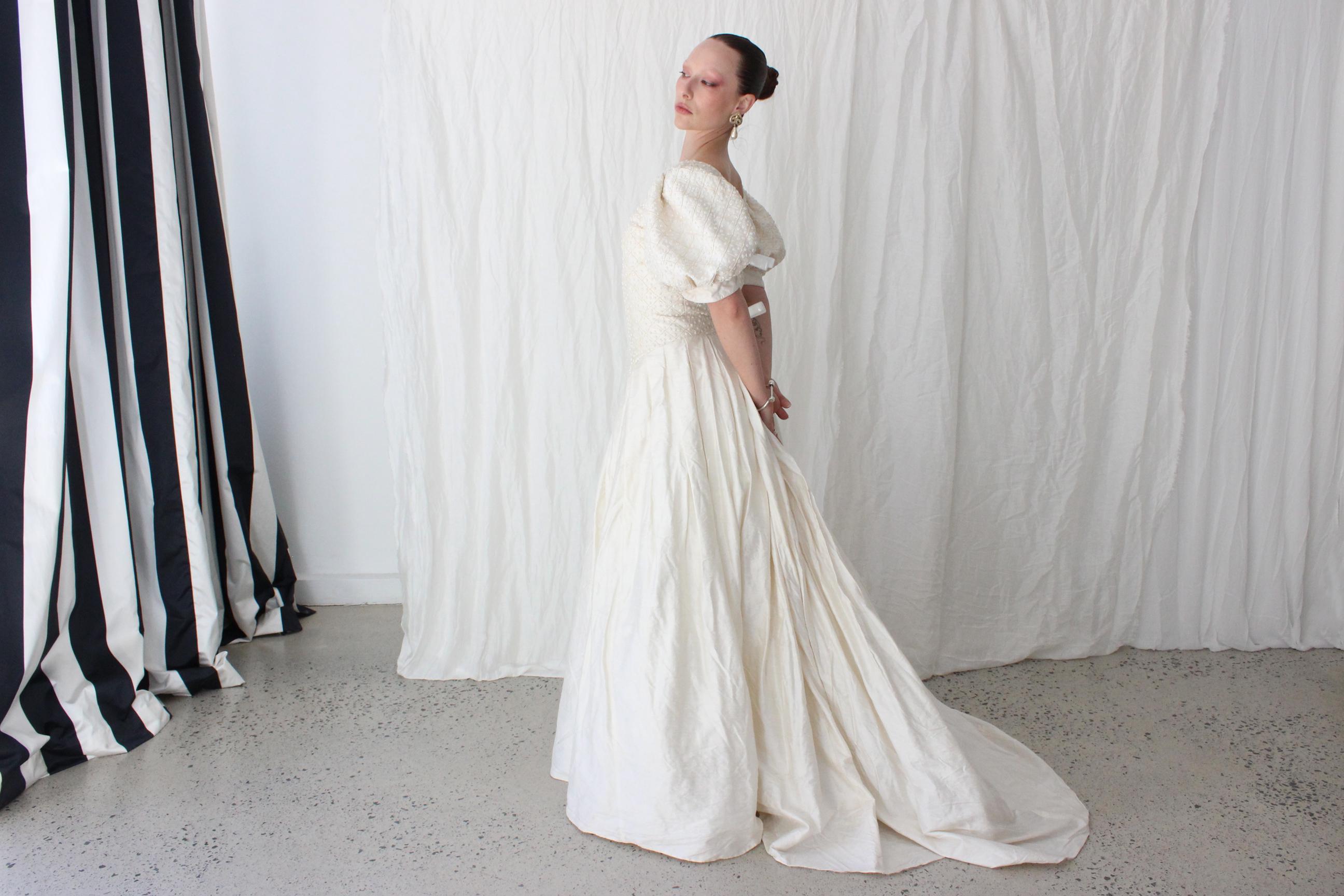 Glorious 80s Silk Dupion Puff Sleeve, Basque Waist Gown w/ Beaded Bodice