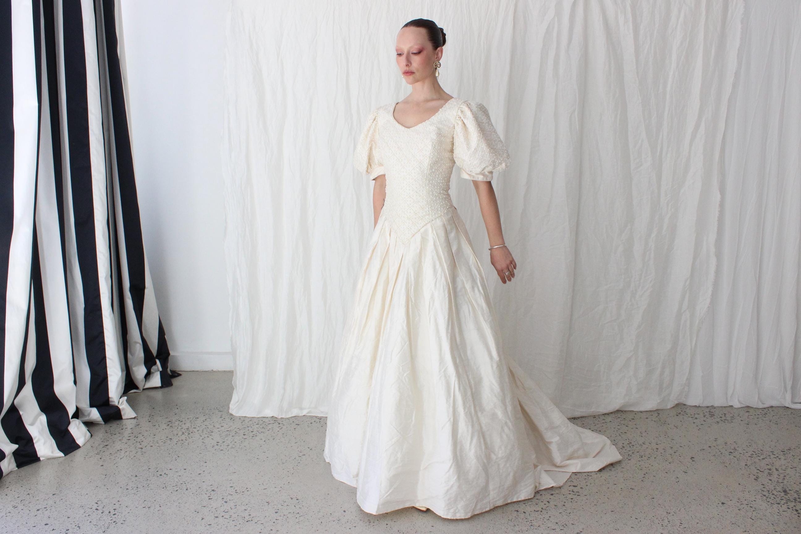 Glorious 80s Silk Dupion Puff Sleeve, Basque Waist Gown w/ Beaded Bodice